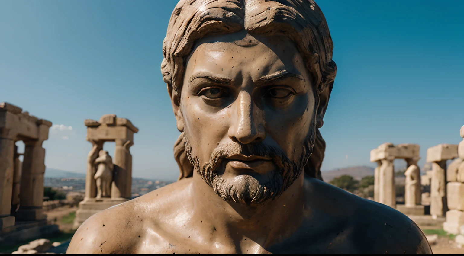Ancient Stoic Statue With Very Angry Expression, tem barba, muitos detalhes em ambos os olhos, Outside, fundo atenas grego, open sky, com rosto extremamente detalhado full body view, Colors with low saturation with dark tone, Filmado em Sony A7S III com Sony FE 35mm f/1.8, 12.1 MP, --AR 3:2 --estilo cru