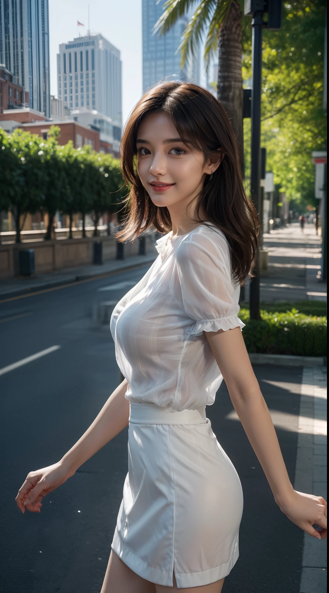 8k, masterpiece, RAW photo, best quality, photorealistic, extremely detailed CG unity 8k wallpaper, Depth of field, Cinematic Light, Lens Flare, Ray tracing, (extremely beautiful face, beautiful lips, beautiful eyes), intricate detail face, ((ultra detailed skin)) 1girl, in the dark, deep shadow, pretty Asian girl, idol, 1 girl, (very slim slender fit-muscled body:1.3), ((looking at viewer)),(big smile:1.3), ((laced blouse)), (short sleeve) , (daylight big buildings, tree, (blurred background), (night), cityscape, rooftops, beautiful earrings, clear eyes, (pale skin), (big eyes), face forward, (brown hairs),((plaid skirt)), (looking at viewer:1.3), (open breast), (very slim), medium breasts, thick thighs, medium butts, close up, see through, slim legs