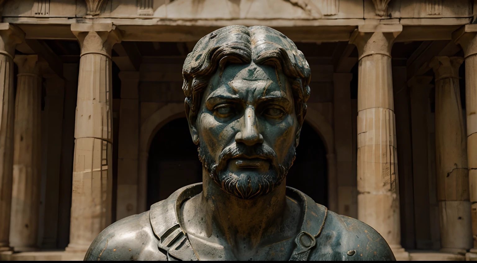 Ancient Stoic Statue With Very Angry Expression, tem barba, muitos detalhes em ambos os olhos, Outside, fundo atenas grego, open sky, com rosto extremamente detalhado full body view, Colors with low saturation with dark tone, Filmado em Sony A7S III com Sony FE 35mm f/1.8, 12.1 MP, --AR 3:2 --estilo cru