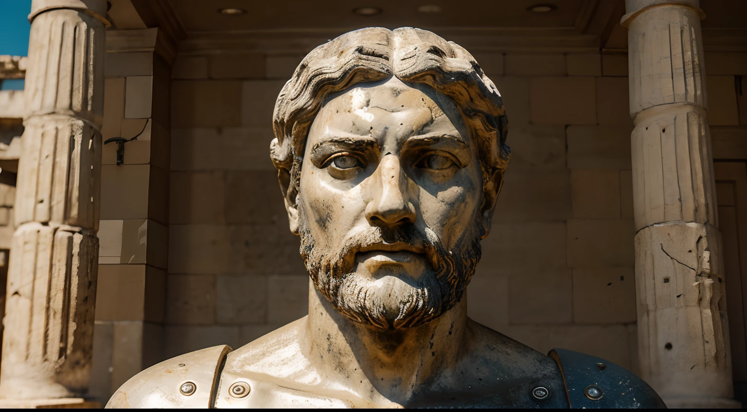 Ancient Stoic Statue With Very Angry Expression, tem barba, muitos detalhes em ambos os olhos, Outside, fundo atenas grego, open sky, com rosto extremamente detalhado full body view, Colors with low saturation with dark tone, Filmado em Sony A7S III com Sony FE 35mm f/1.8, 12.1 MP, --AR 3:2 --estilo cru