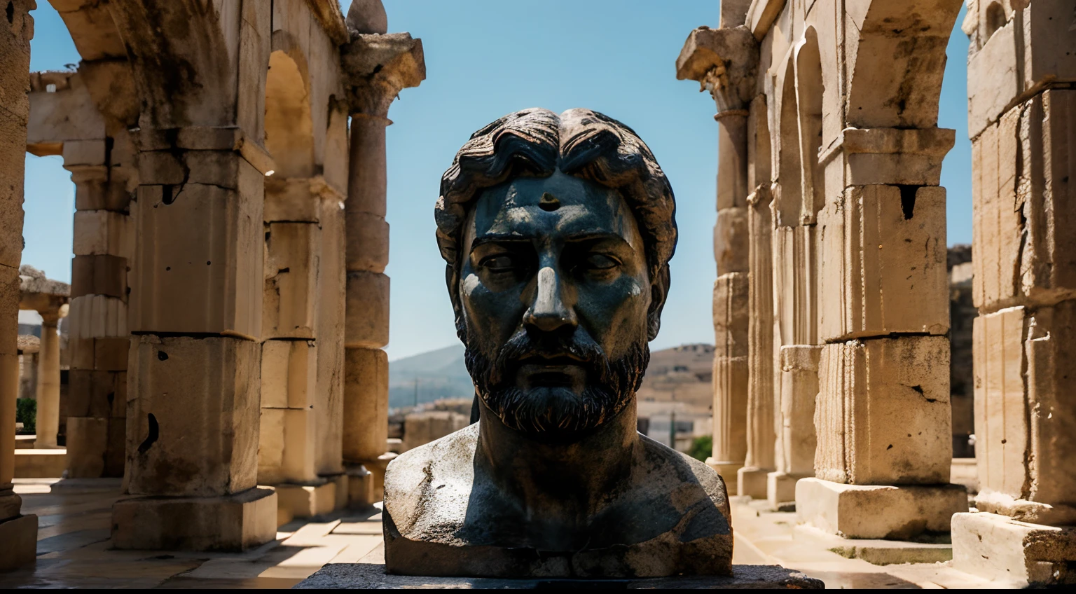Ancient Stoic Statue With Very Angry Expression, tem barba, muitos detalhes em ambos os olhos, Outside, fundo atenas grego, open sky, com rosto extremamente detalhado full body view, Colors with low saturation with dark tone, Filmado em Sony A7S III com Sony FE 35mm f/1.8, 12.1 MP, --AR 3:2 --estilo cru
