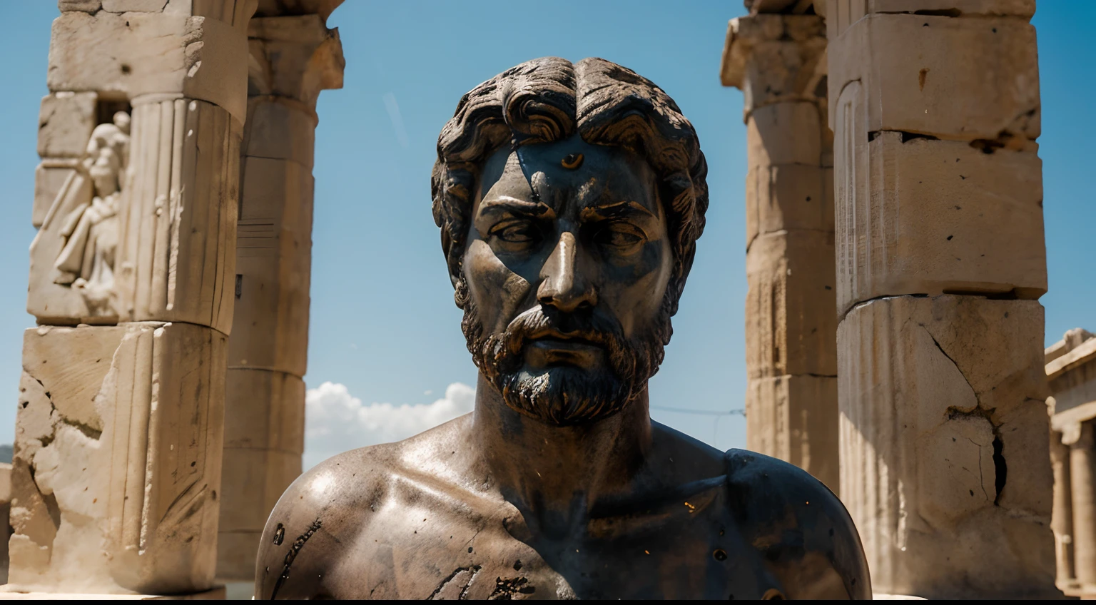 Ancient Stoic Statue With Very Angry Expression, tem barba, muitos detalhes em ambos os olhos, Outside, fundo atenas grego, open sky, com rosto extremamente detalhado full body view, Colors with low saturation with dark tone, Filmado em Sony A7S III com Sony FE 35mm f/1.8, 12.1 MP, --AR 3:2 --estilo cru