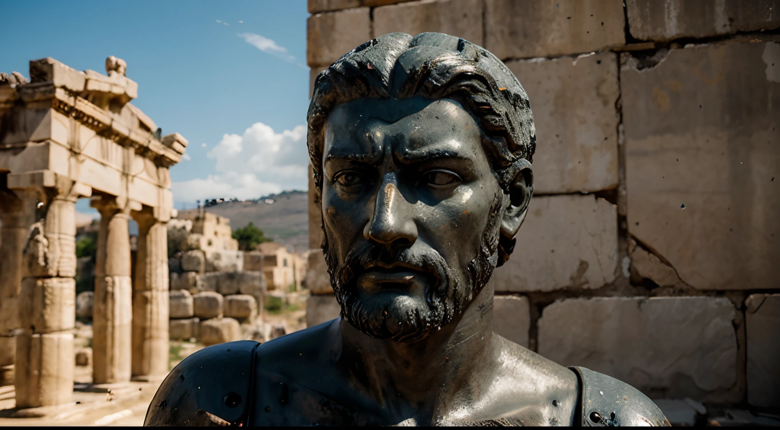 Ancient Stoic Statue With Very Angry Expression, tem barba, muitos detalhes em ambos os olhos, Outside, fundo atenas grego, open sky, com rosto extremamente detalhado full body view, Colors with low saturation with dark tone, Filmado em Sony A7S III com Sony FE 35mm f/1.8, 12.1 MP, --AR 3:2 --estilo cru