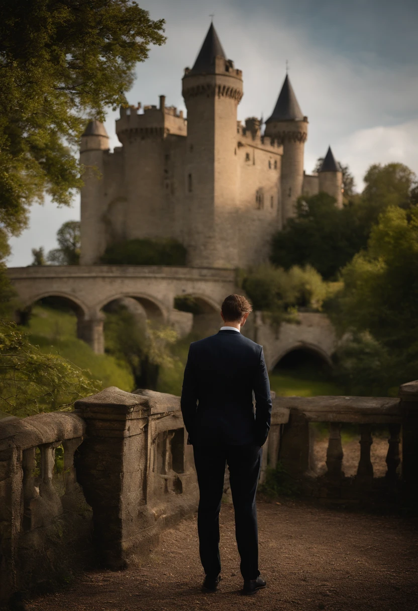 . On the riverbank in the sunshine , gothic castle . The groom at the main entrance to the castle ,White Horse Nearby ,