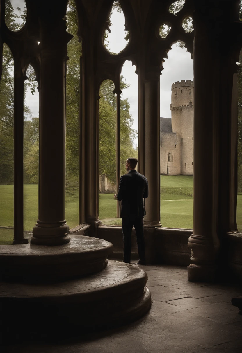 . On the riverbank in the sunshine , gothic castle . The groom at the main entrance to the castle ,White Horse Nearby ,