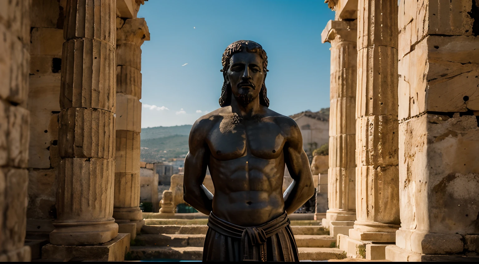 Ancient Stoic Statue With Very Angry Expression, tem barba, muitos detalhes em ambos os olhos, Outside, fundo atenas grego, open sky, com rosto extremamente detalhado full body view, Colors with low saturation with dark tone, Filmado em Sony A7S III com Sony FE 35mm f/1.8, 12.1 MP, --AR 3:2 --estilo cru