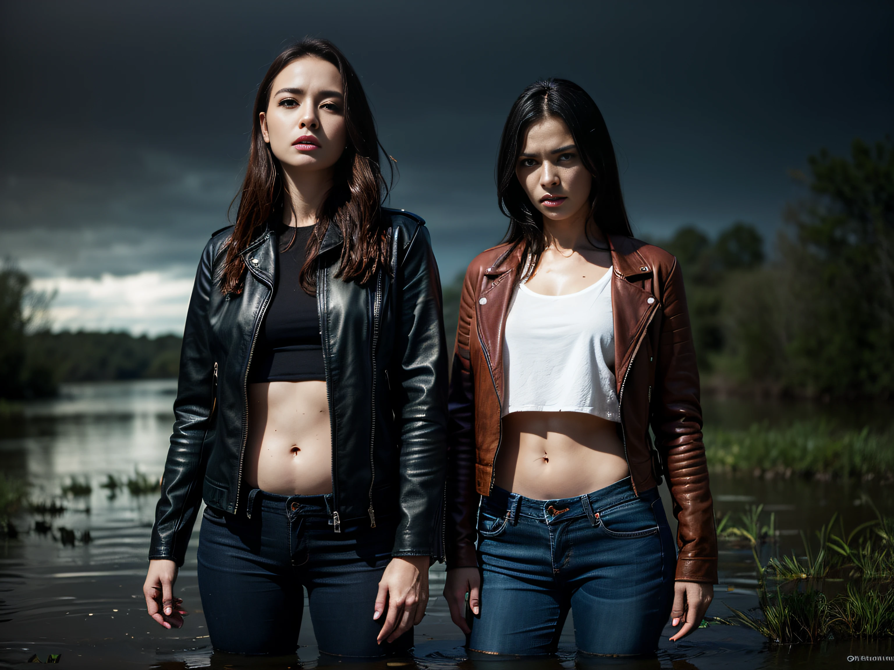 (Best Quality,hight resolution:1.4),only 2 Hostesses,Expressive wrinkles,morena,Redhead,Jeans, leather jacket, blouse, ( drowning in a swamp up to her hips:1.2),Detailed eyes and face,expression of despair,Dark and moody lighting,ominous vibe,desperation,trap, (Imminent Doom:1.2), Psychological thriller,