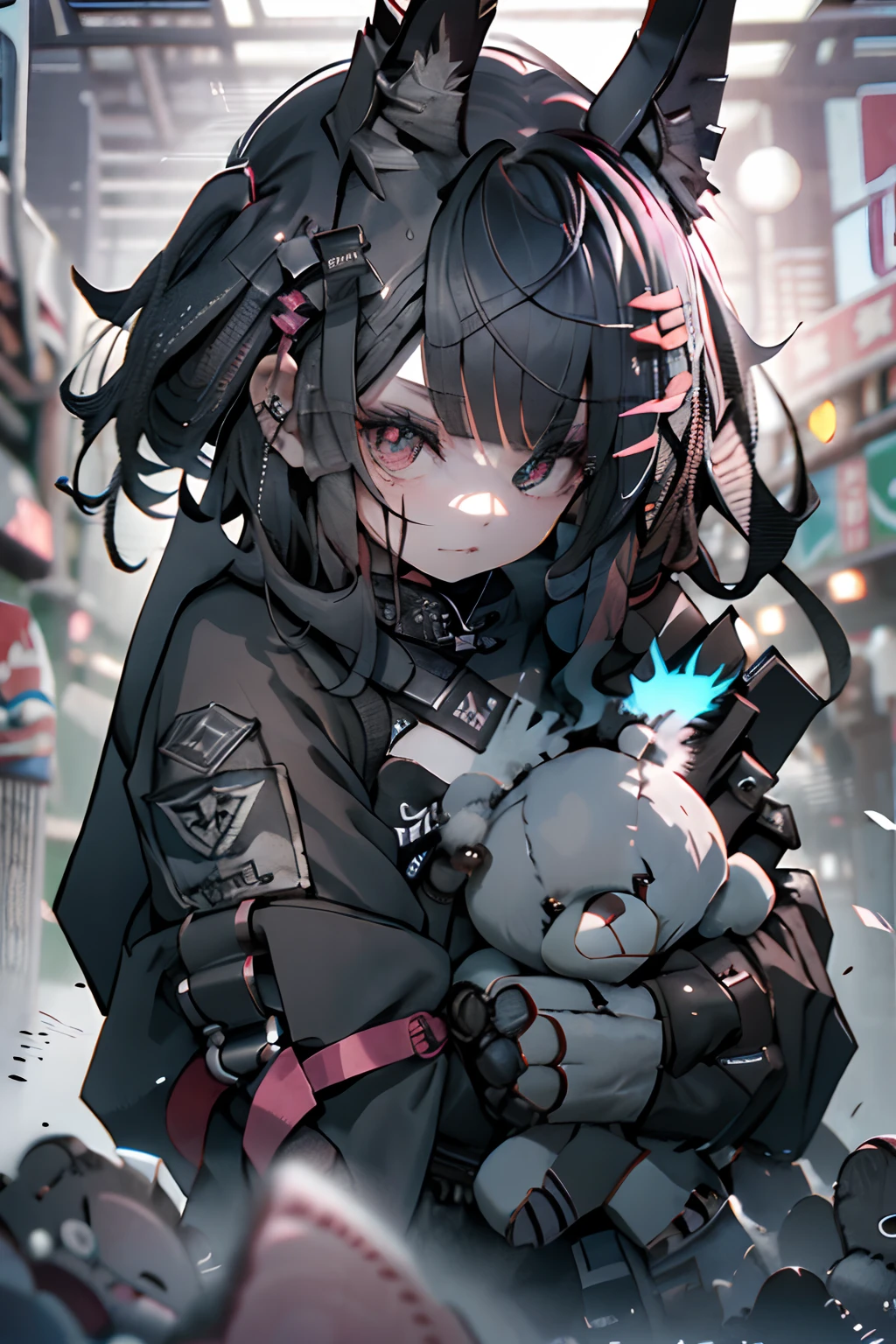 grayscales、teddy bears、teddy bears、🧸、Black hair、side poneyTail、Kungfu、kick、Kungfu、blood splashing、dead body、morning、Gothic punk、耳Nipple Ring、hair adornments、A dark-haired、Pink and black color、poneyTail、Black Pink Shirt、、Black shorts、Blunt bangs、Photorealsitic, hight resolution, 1 rapariga, Korea person,Flame from the eyes、🔥