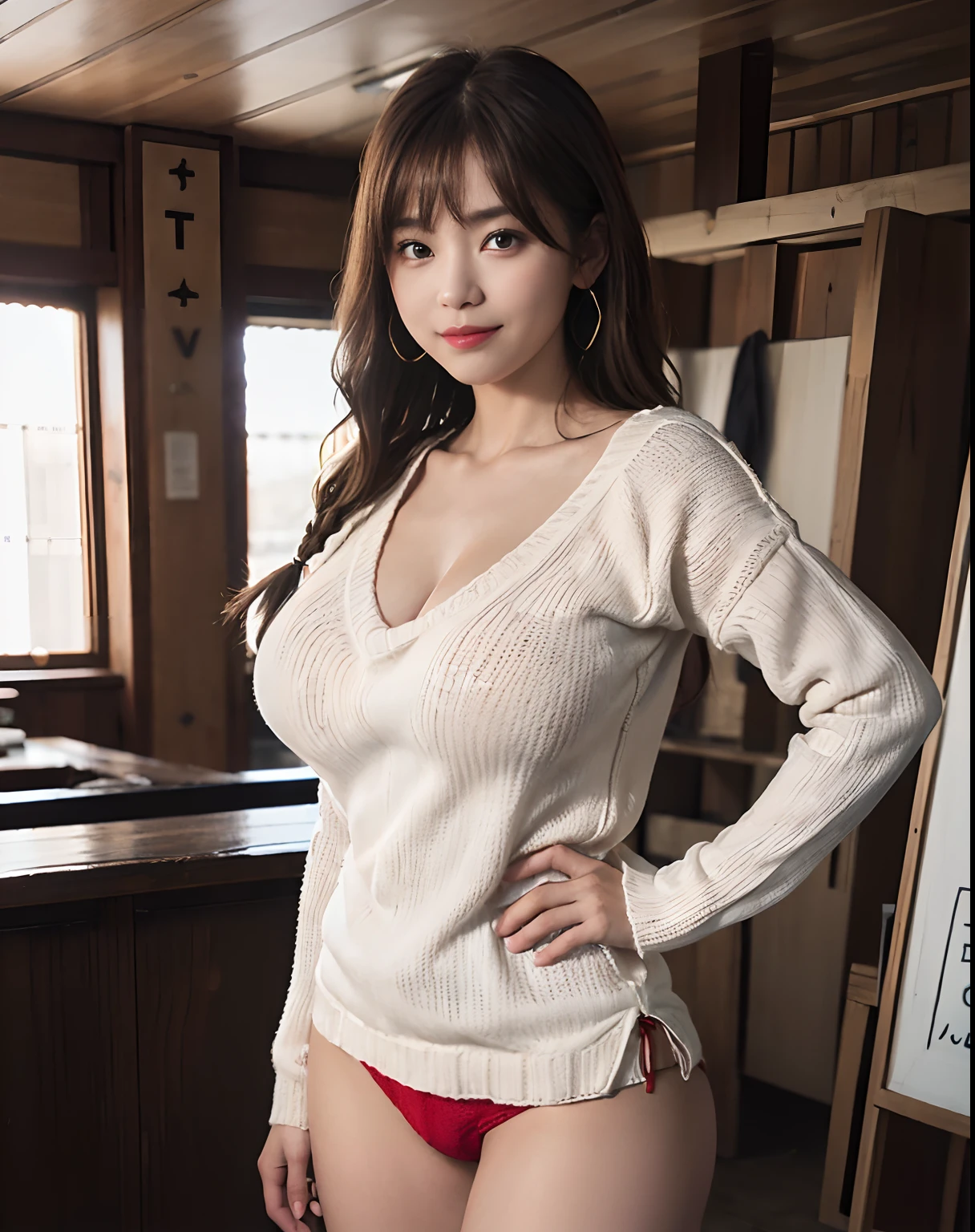 (Photorealsitic:1.4), Shadow、(Top image quality:1.0), (超A high resolution:1.0), 8K, Raw photography,
More skin, toView, Brown-eyed, (Light Brown Fringe Hair:1.2),Braided hair、The long-haired、 (pureerosface),The face of the golden ratio、Detailed eyebrows、A detailed eye、Detailed mouth、Detailed nose、Detailed ears、爆乳, Coordinated breasts, ssmile, Bright lighting、 ((Oversized V-neck knit:1.5), (Bottomless:1.4)), (Only the corners of the red panties are visible:1.4)、(Inside Tully's store:1.4)、(Portrair:1.8)、(Tumbler in Turleys:1.4)