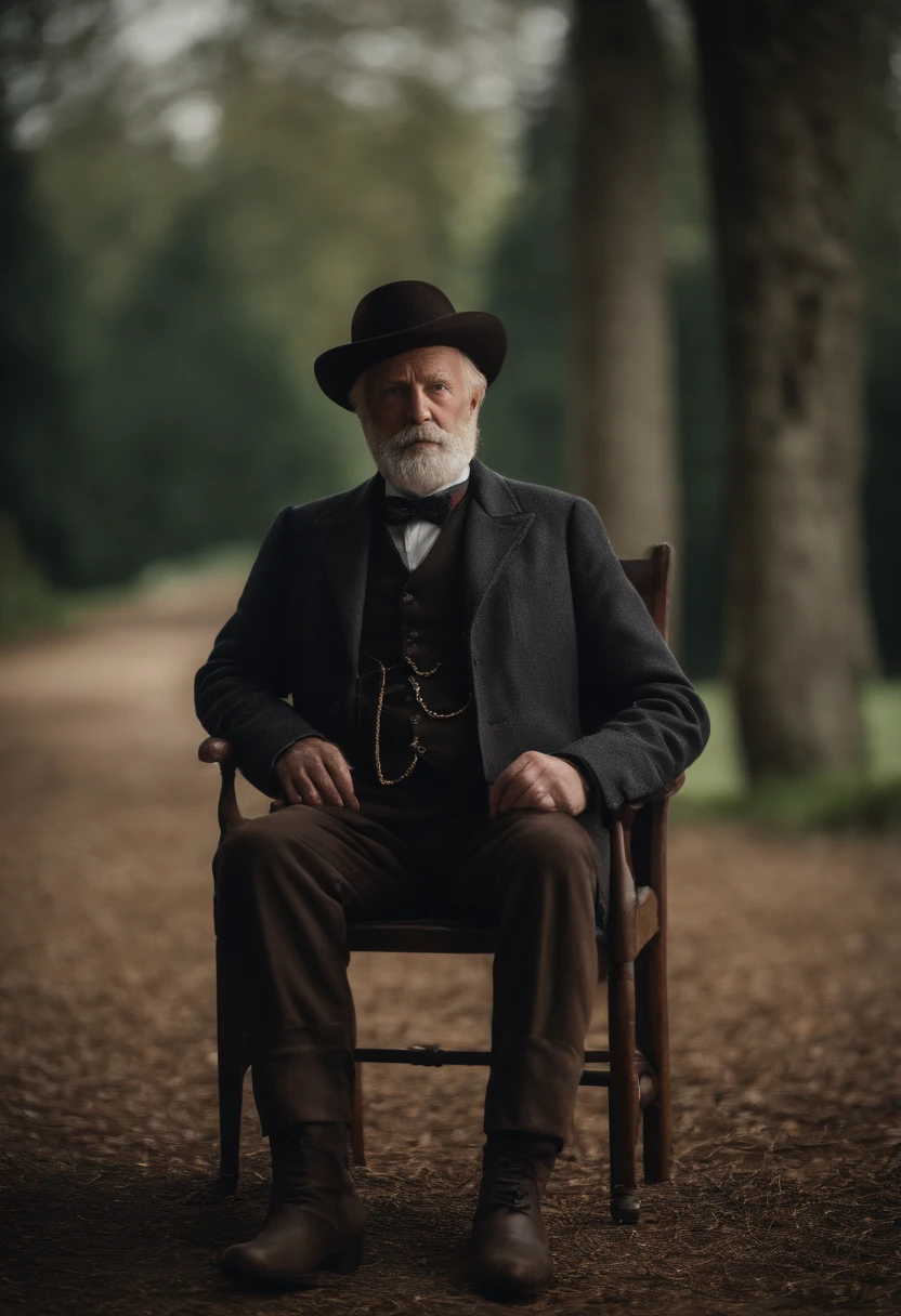 Vieux monsieur avec une barbiche，Sitting on a chair，Les yeux regardent les bottes，Bottes de pluie noires brillantes, 8k resolution,Wallpaper Masterpiece，Best quality，Very meticulous，ultra high quality, Bretagne, France