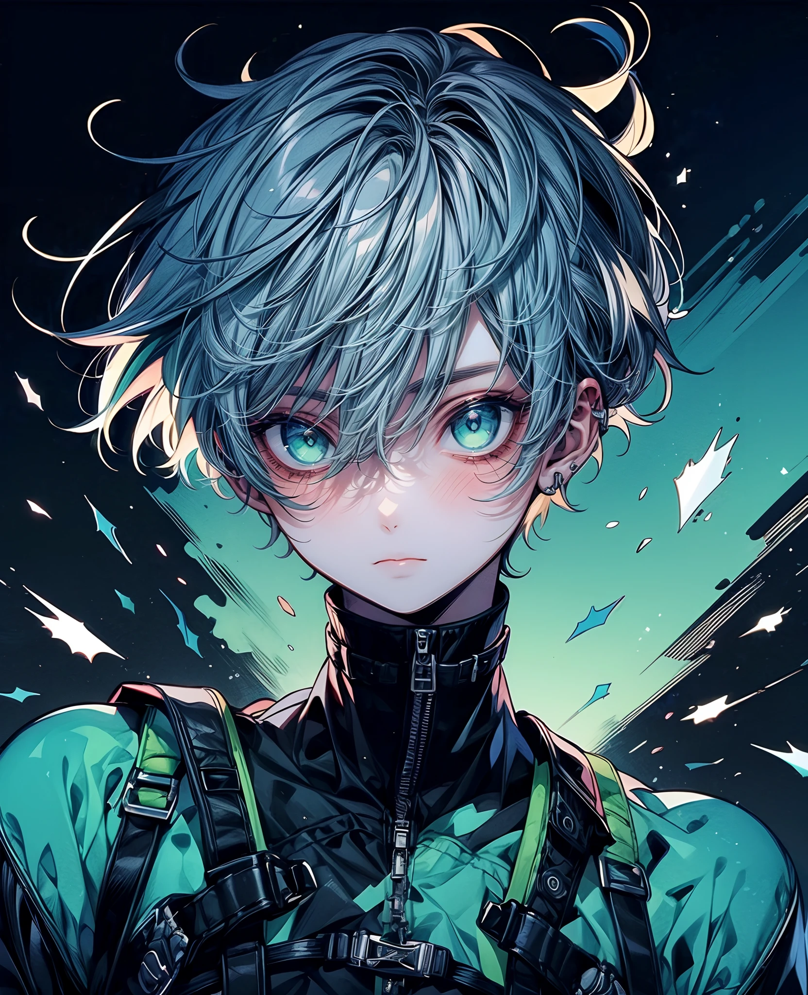 (best quality, masterpiece:1.2), 1boy, niji, black hair, green eyes, solo, short hair, black jacket, backpack, closed mouth, upper body, hair between eyes,