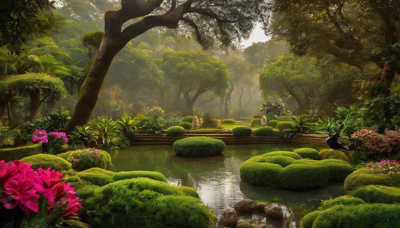 um jardim com rios, arvores, animais , plantas