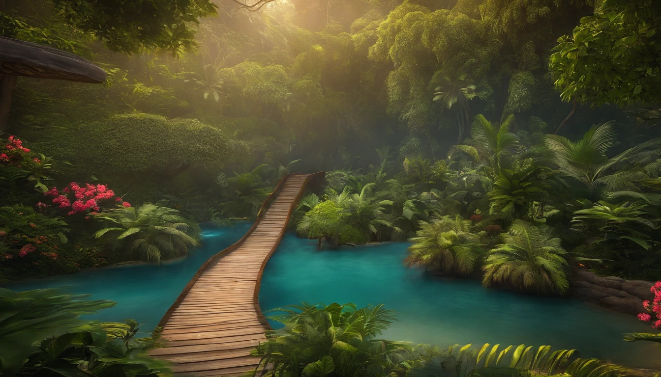 um jardim com rios, arvores, animais , plantas