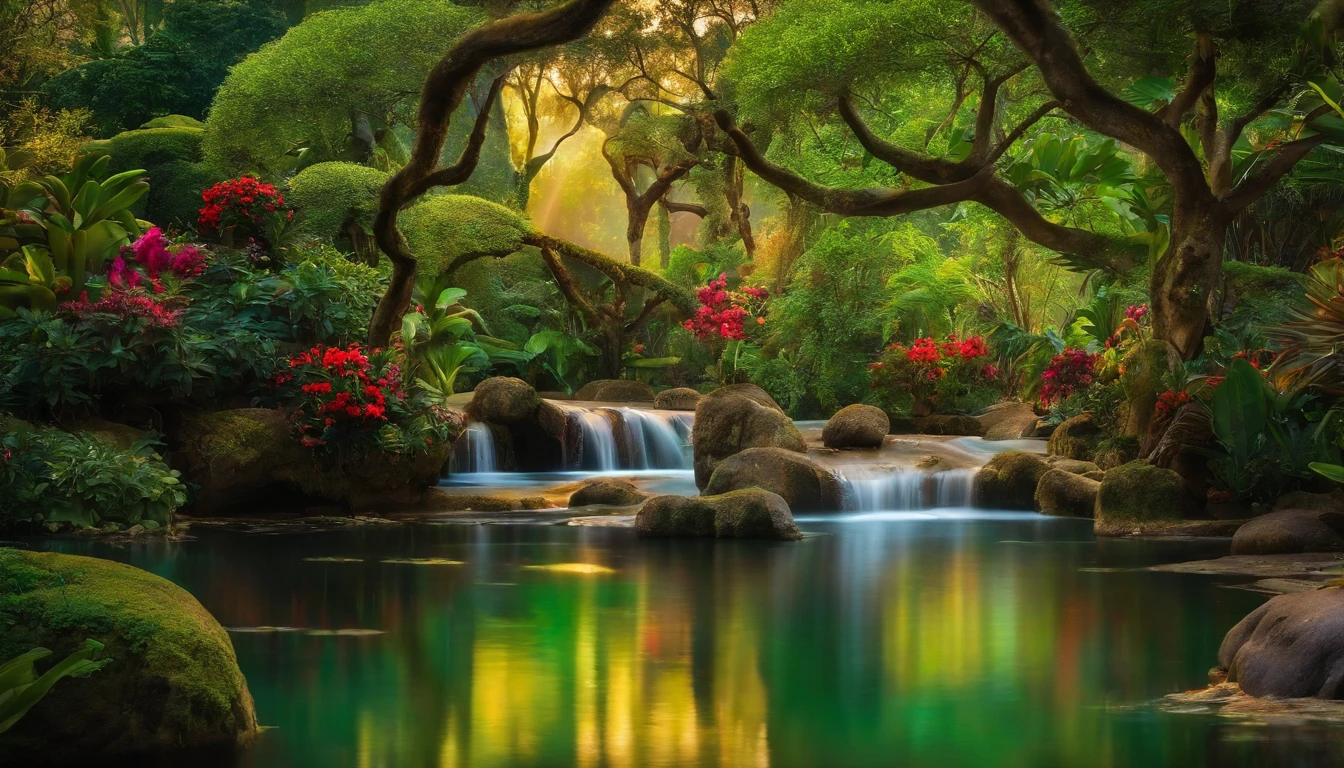 um jardim com rios, arvores, animais , plantas