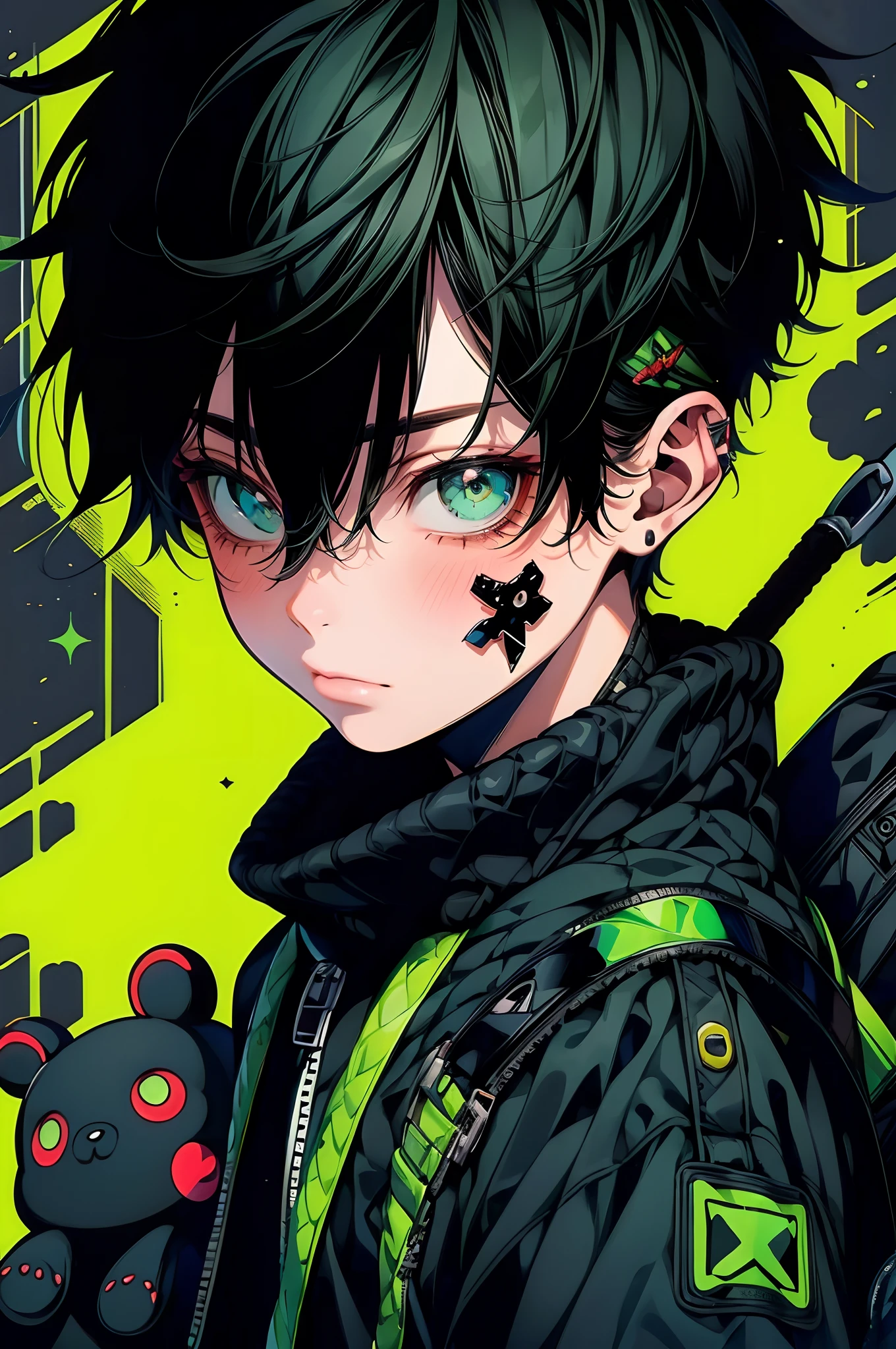 (best quality, masterpiece:1.2), 1boy, niji, black hair, green eyes, solo, short hair, black jacket, backpack, closed mouth, upper body, hair between eyes,