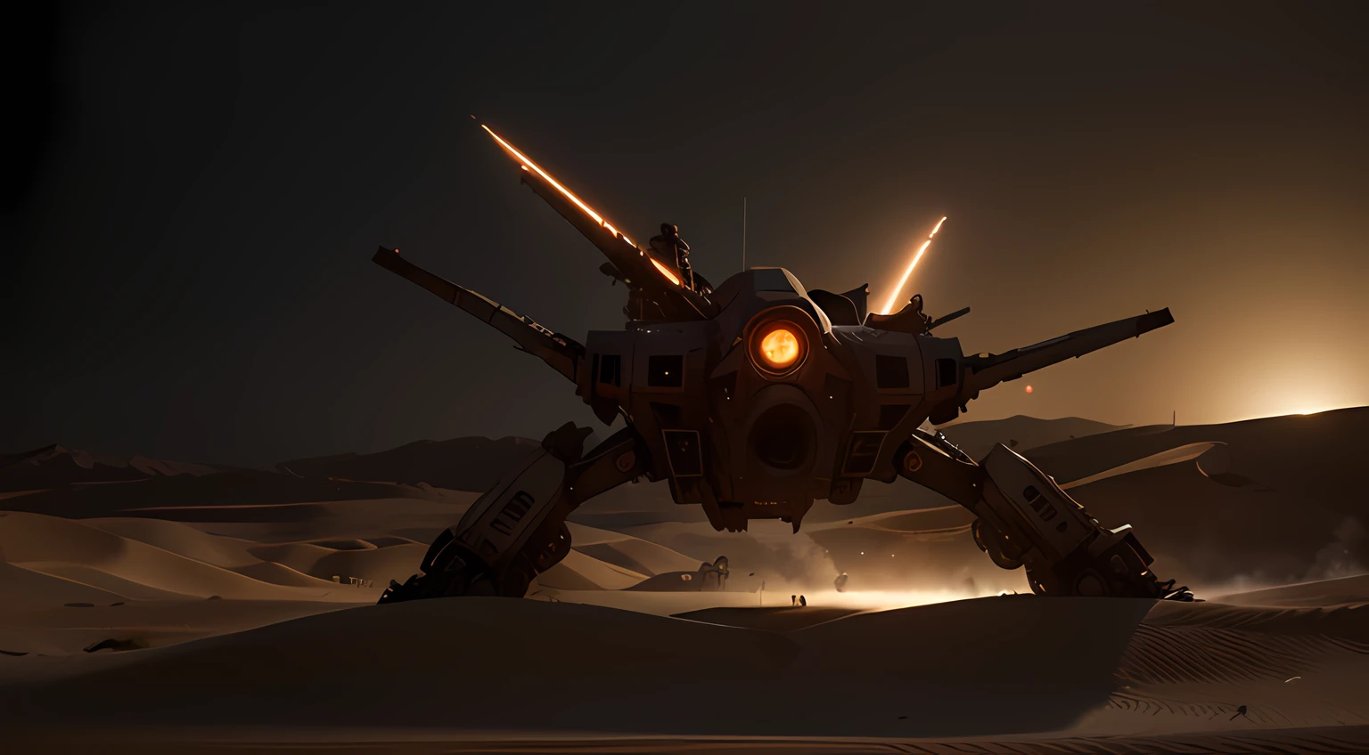 cinematic, a highly detailed Mecha flying through the dessert on apocalypt night city background, image capturing the dynamic and implied movement, establishing shot, menace coming, sand - storm, apocalypt night city background, peach light, movie still, Phantom High-Speed Camera