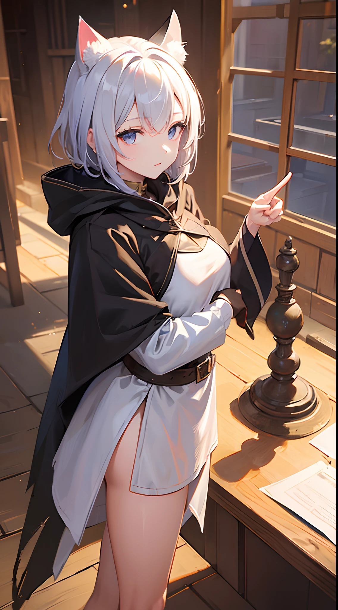 Solo,Facing the viewing angle,Absurd resolution、hight resolution、(masterpiece:1.4)、ultra-detailliert、(Detailed finger), 1 人、Beautiful detailed girl、clear and beautiful, Character as the main point of view, Radiant skin, Girls, femele, 年轻, (Black costume),((Cat's ears))、Dark hair、(Habitual hair、short-cut)、(shorth hair),Black eyes,kawaii、sullenness,standing athletic pose,beautiful countenance、beautidful eyes、White background,Simple background,Dynamic Focus,((thief))、Fantasy costume,Original Character,Caustics,((Wearing armor))、((thief)),(robe),(cloaks),((Costumes of medieval Europe)),cowboy shot,(Colossal tits:0.7)