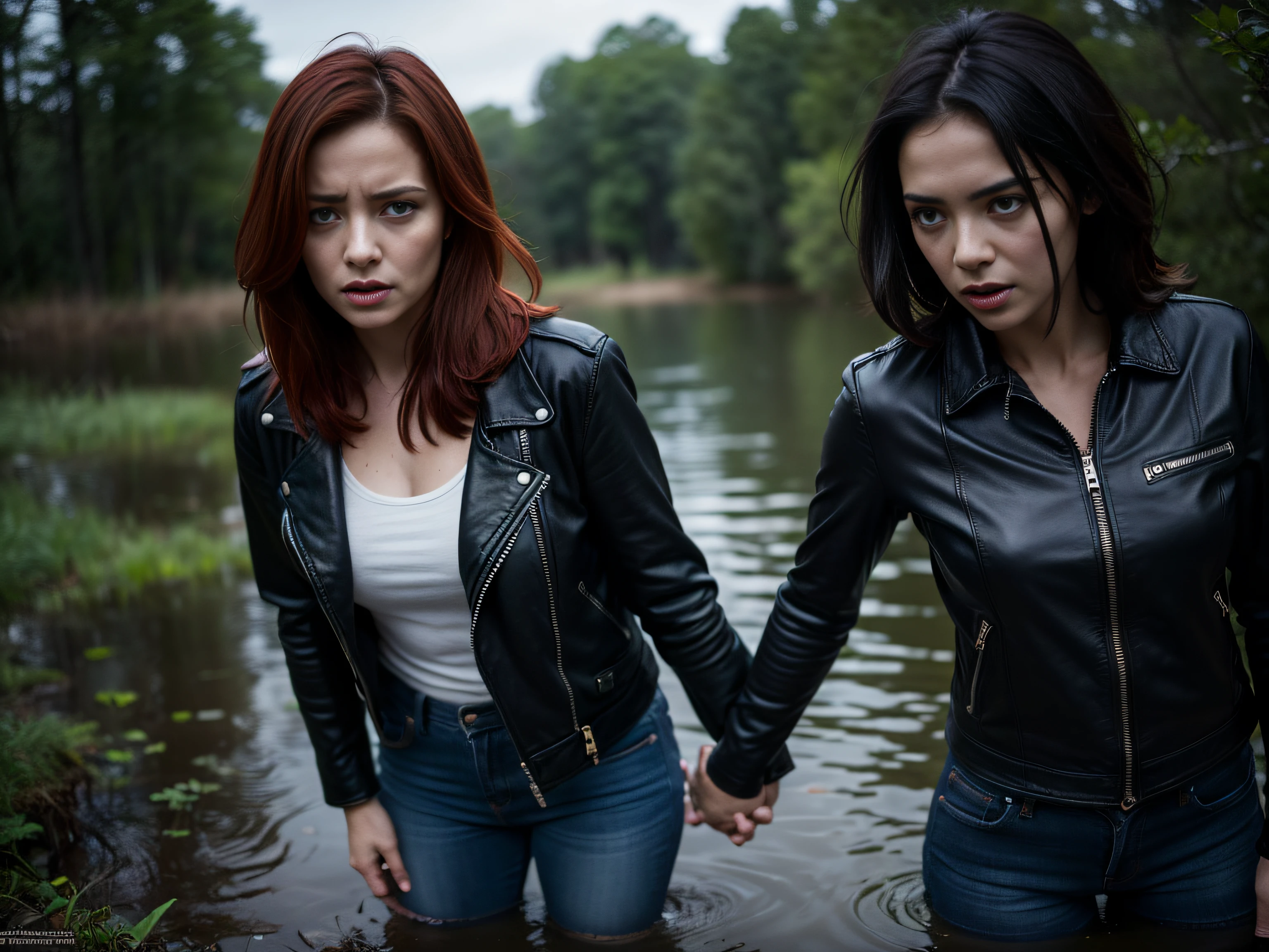 (Best Quality,hight resolution:1.4),only 2 Hostesses,Expressive wrinkles,morena,Redhead,Jeans, leather jacket, blouse, ( drowning in a swamp:1.2),(Dirty Harassment:1.2),Detailed eyes and face,expression of despair,Dark and moody lighting,ominous vibe,desperation,trap, (Imminent Doom:1.2), Psychological thriller,