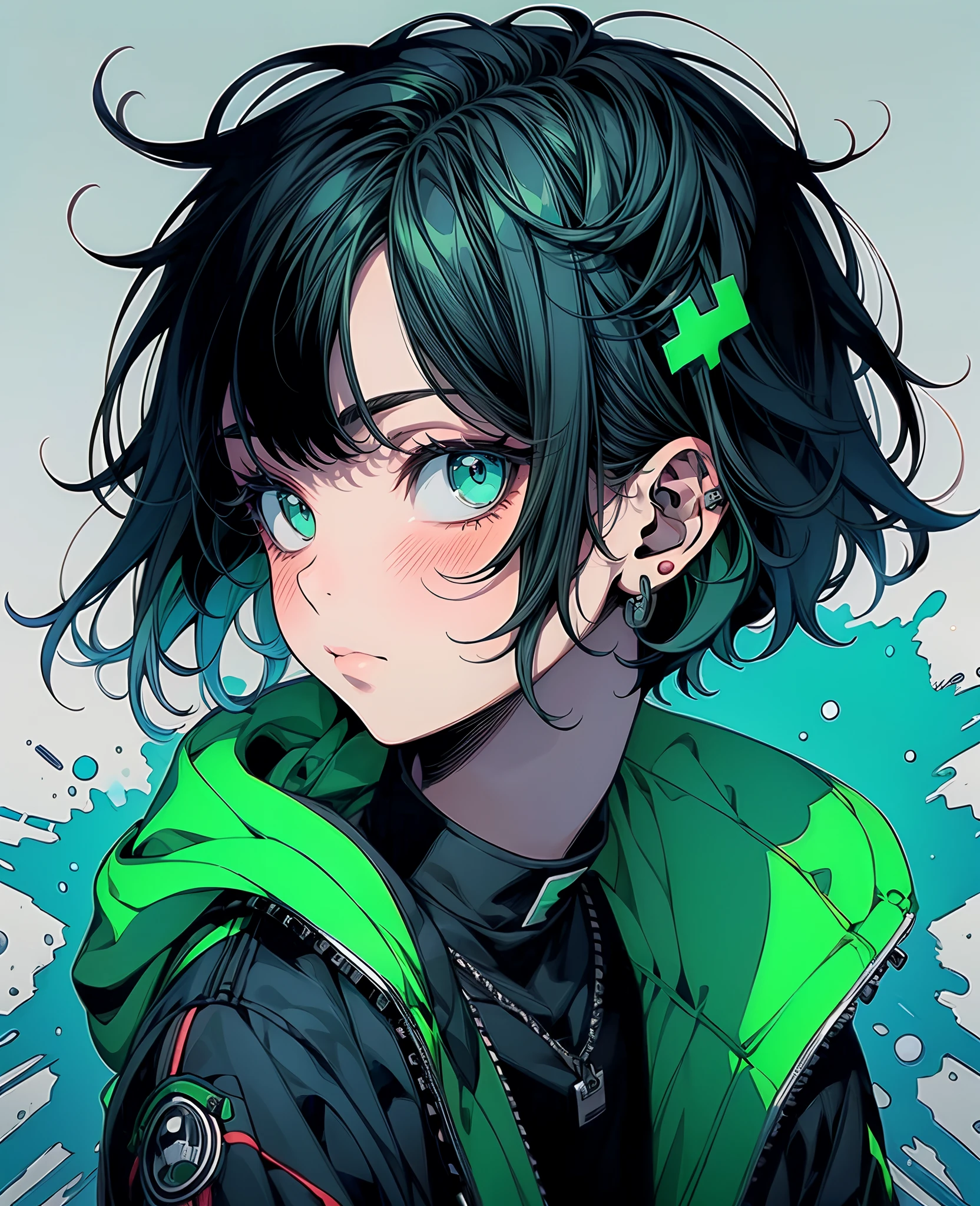 (best quality, masterpiece:1.2), 1boy, niji, black hair, green eyes, solo, short hair, black jacket, backpack, bandaid on face, mole, closed mouth, upper body, hair between eyes,