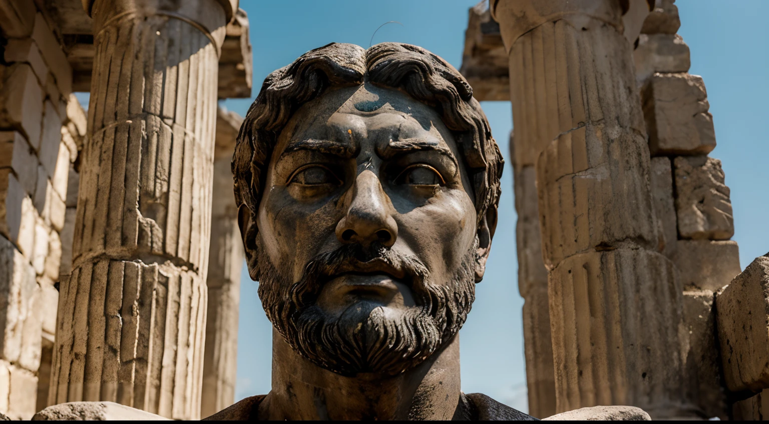 Ancient Stoic Statue With Very Angry Expression, tem barba, muitos detalhes em ambos os olhos, Outside, fundo atenas grego, open sky, com rosto extremamente detalhado full body view, Colors with low saturation with dark tone, Filmado em Sony A7S III com Sony FE 35mm f/1.8, 12.1 MP, --AR 3:2 --estilo cru