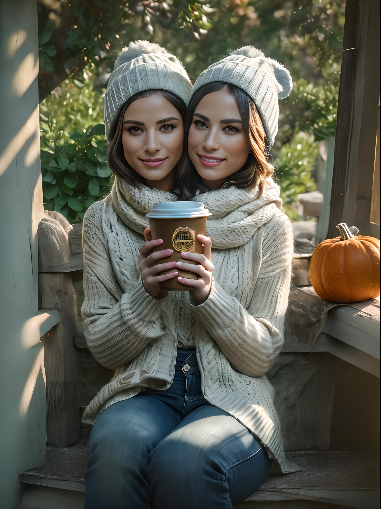 (Two Heads), woman in a sweater and tight jeans, wearing a beanie, fall theme, white scarf, in a pumpkin patch, sitting on a porch, holding a coffee cup, smiling, (RAW, analog, Nikon Z 85mm, award winning glamour photograph, ((best quality)), ((masterpiece)), ((realistic)), radiant light rays, highres, detailed facial features, high detail, sharp focus, smooth, aesthetic, extremely detailed, photo_\(ultra\), photorealistic, realistic, post-processing, max detail, realistic shadows, roughness, natural skin texture, real life, ultra realistic, photorealism, photography, 8k uhd, photography, hdr, intricate, elegant, highly detailed, sharp focus, radiant light rays), ( epic realistic:1.3), (hdr:1.4), intricate details, intricate , cinematic, detailed