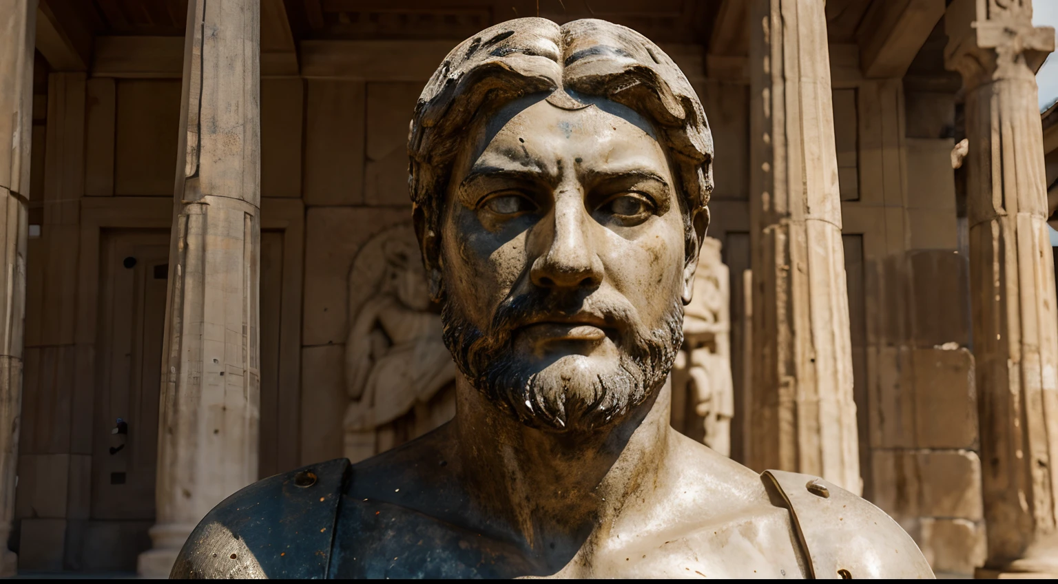 Ancient Stoic Statue With Very Angry Expression, tem barba, muitos detalhes em ambos os olhos, Outside, fundo atenas grego, open sky, com rosto extremamente detalhado full body view, Colors with low saturation with dark tone, Filmado em Sony A7S III com Sony FE 35mm f/1.8, 12.1 MP, --AR 3:2 --estilo cru