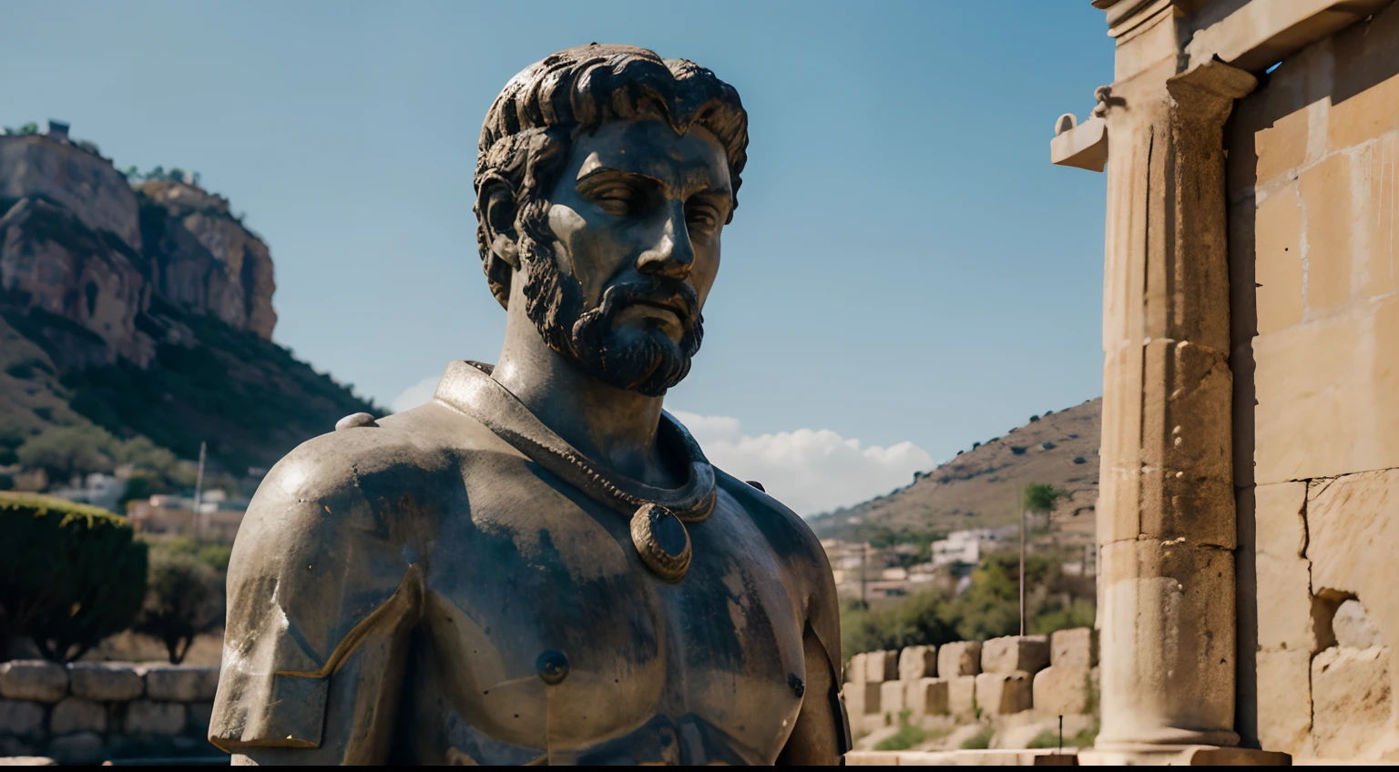 Ancient Stoic Statue With Very Angry Expression, tem barba, muitos detalhes em ambos os olhos, Outside, fundo atenas grego, open sky, com rosto extremamente detalhado full body view, Colors with low saturation with dark tone, Filmado em Sony A7S III com Sony FE 35mm f/1.8, 12.1 MP, --AR 3:2 --estilo cru