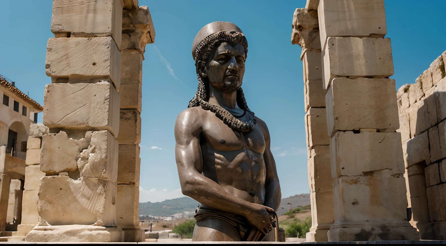 Ancient Stoic Statue With Very Angry Expression, tem barba, muitos detalhes em ambos os olhos, Outside, fundo atenas grego, open sky, com rosto extremamente detalhado full body view, Colors with low saturation with dark tone, Filmado em Sony A7S III com Sony FE 35mm f/1.8, 12.1 MP, --AR 3:2 --estilo cru