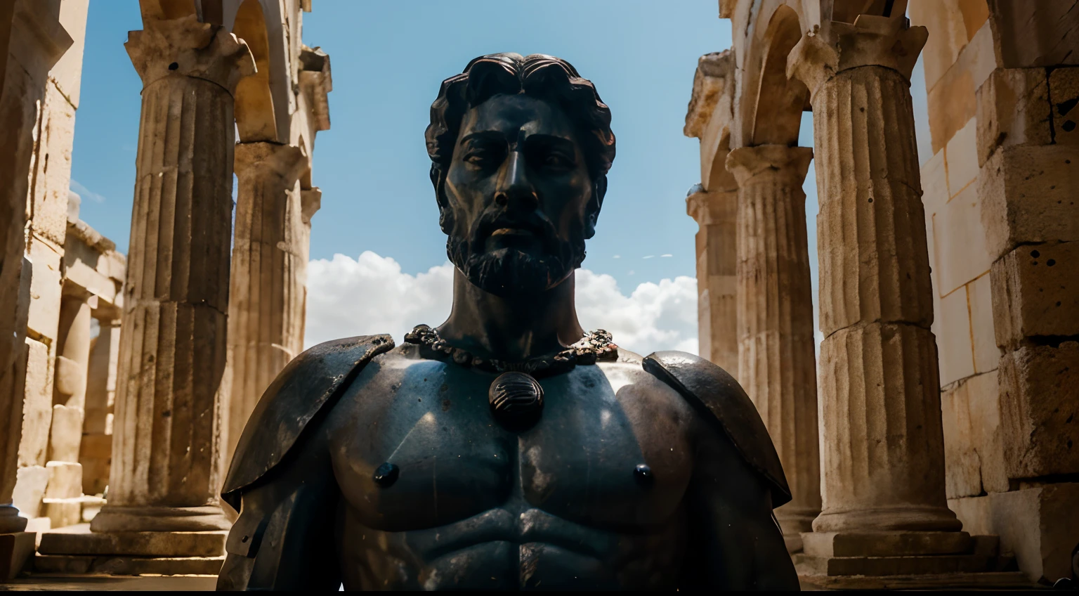 Ancient Stoic Statue With Very Angry Expression, tem barba, muitos detalhes em ambos os olhos, Outside, fundo atenas grego, open sky, com rosto extremamente detalhado full body view, Colors with low saturation with dark tone, Filmado em Sony A7S III com Sony FE 35mm f/1.8, 12.1 MP, --AR 3:2 --estilo cru