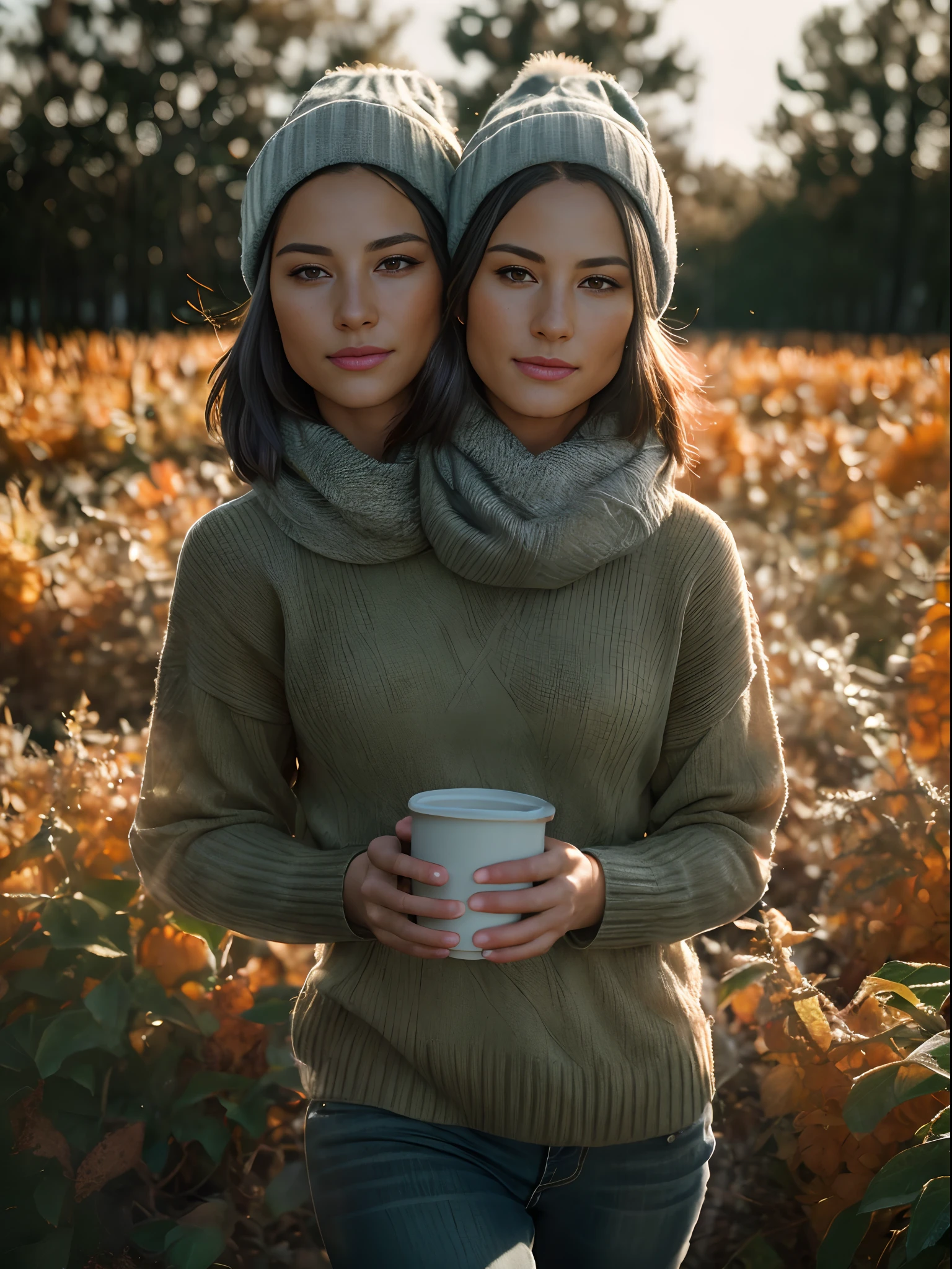 (Two Heads), woman in a sweater and tight jeans, wearing a beanie, fall theme, white scarf, walking in a pumpkin patch, holding a coffee cup, (RAW, analog, Nikon Z 85mm, award winning glamour photograph, ((best quality)), ((masterpiece)), ((realistic)), radiant light rays, highres, detailed facial features, high detail, sharp focus, smooth, aesthetic, extremely detailed, photo_\(ultra\), photorealistic, realistic, post-processing, max detail, realistic shadows, roughness, natural skin texture, real life, ultra realistic, photorealism, photography, 8k uhd, photography, hdr, intricate, elegant, highly detailed, sharp focus, radiant light rays), ( epic realistic:1.3), (hdr:1.4), intricate details, intricate , cinematic, detailed