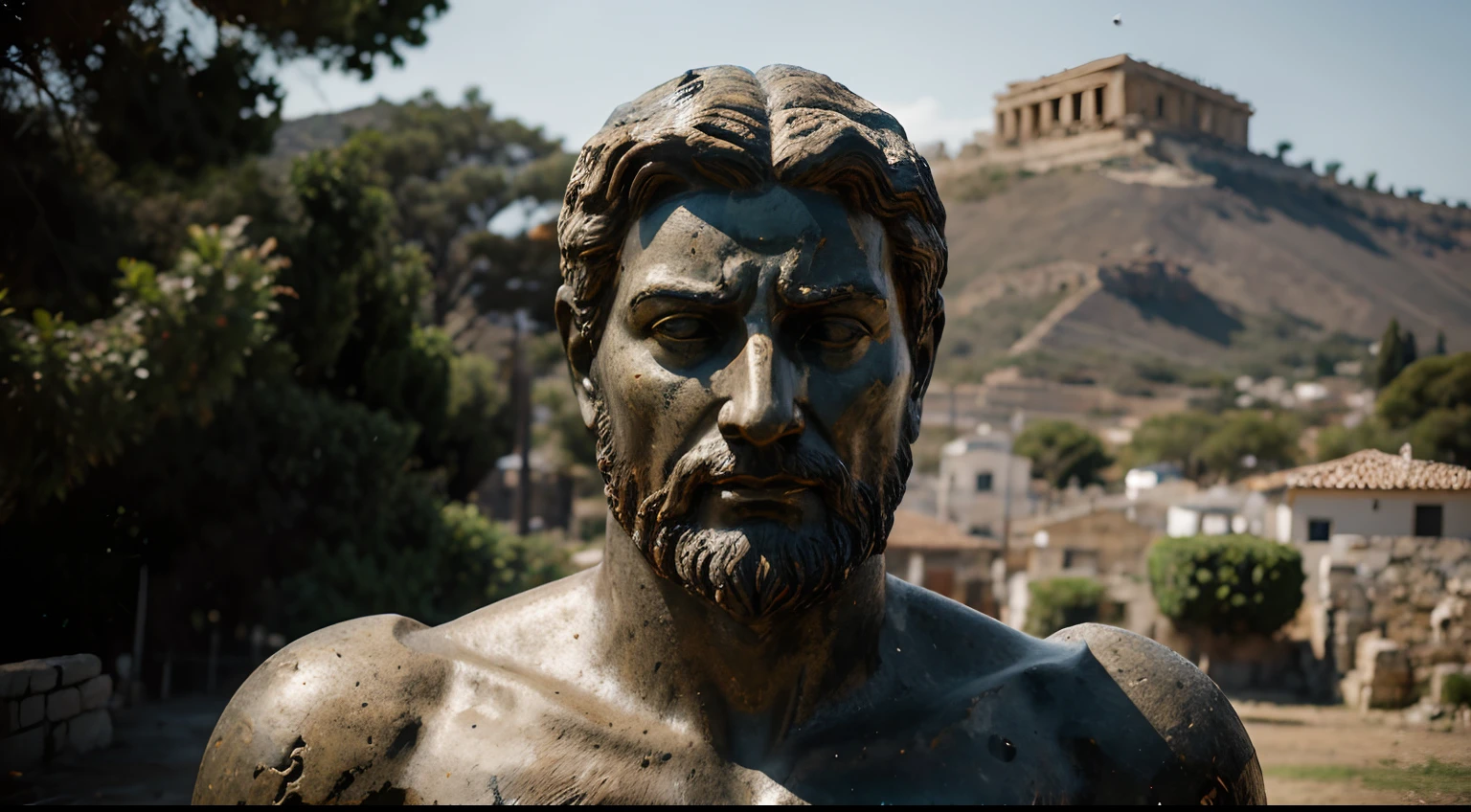 Ancient Stoic Statue With Very Angry Expression, tem barba, muitos detalhes em ambos os olhos, Outside, fundo atenas grego, open sky, com rosto extremamente detalhado full body view, Colors with low saturation with dark tone, Filmado em Sony A7S III com Sony FE 35mm f/1.8, 12.1 MP, --AR 3:2 --estilo cru