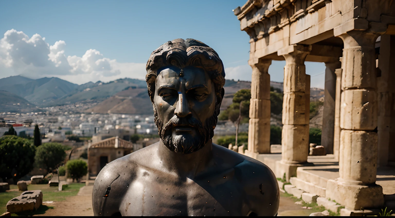 Ancient Stoic Statue With Very Angry Expression, tem barba, muitos detalhes em ambos os olhos, Outside, fundo atenas grego, open sky, com rosto extremamente detalhado full body view, Colors with low saturation with dark tone, Filmado em Sony A7S III com Sony FE 35mm f/1.8, 12.1 MP, --AR 3:2 --estilo cru