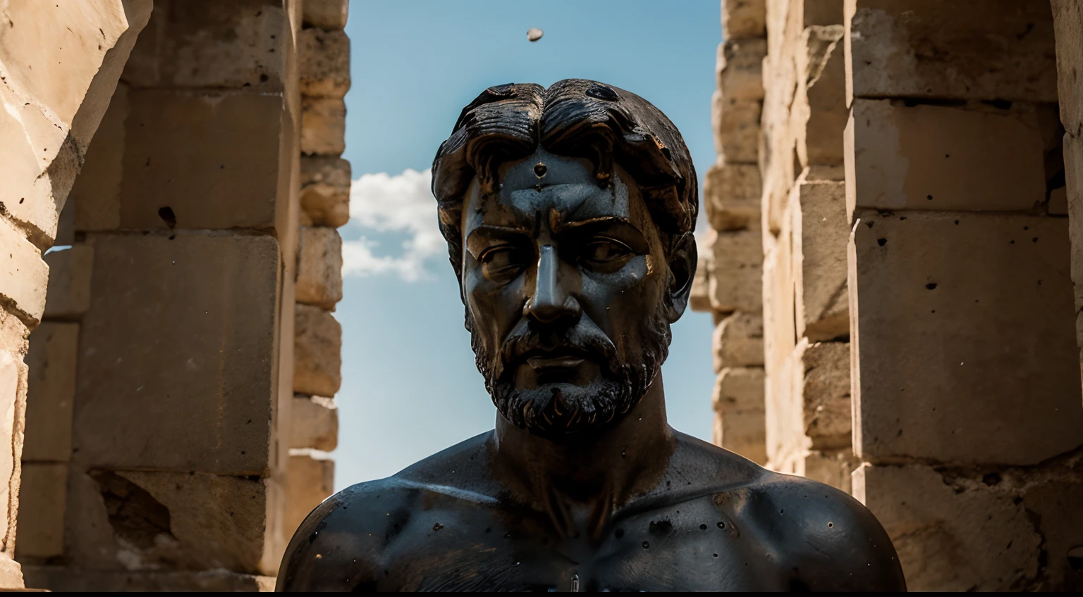 Ancient Stoic Statue With Very Angry Expression, tem barba, muitos detalhes em ambos os olhos, Outside, fundo atenas grego, open sky, com rosto extremamente detalhado full body view, Colors with low saturation with dark tone, Filmado em Sony A7S III com Sony FE 35mm f/1.8, 12.1 MP, --AR 3:2 --estilo cru