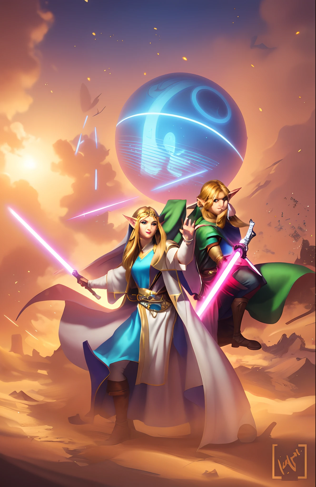elf Jedi (Princess zelda and link), perfect detail, perfect faces, perfect eyes.