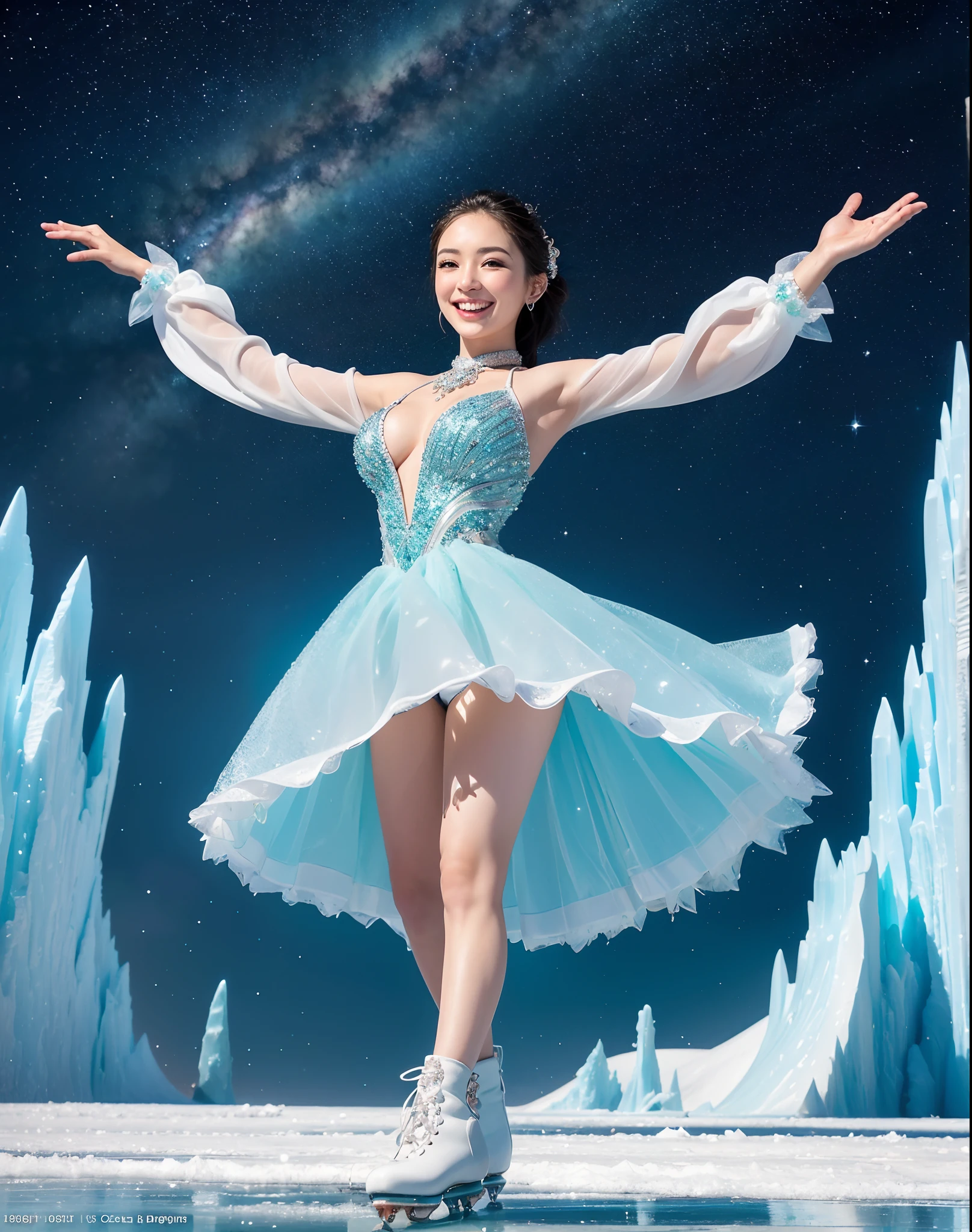 ((1 beautiful girl,Half Japan and half Spanish,skating rink,Figure skater,Posing that reproduces triple axel and toe loop jump,Beautiful and graceful poses,Dynamic,Look here、Look at the biggest smile、Elegant and beautiful outfits、Fantastic frozen landscape in the background, starrysky,Fantastical,Ice Space,Ice Giant Temple Ice City, Icy landscape, ice planet,,iceberg,Huge ice temple in the background、Icy tundra bottom,)),((Phenomenally cute,large full breasts,de pele branca,Clean teeth with glowing skin,perfect teeth,White teeth,finerly detailed face,Quality and beautiful face,Clear and beautiful face,Perfect smile,Perfect fingers,Perfect hands,Accurate 5 fingers)),((Elegant décor,Diamond Decoration,artistic décor,Rainbow Costume、Jeweled,Use large amounts of jewelry,Luxurious necklace,Luxury beyond imagination,The most gorgeous decorations in the world)),((Intricately sparkling detail crystals,Beautiful and fantastic ice,Highly detailed and realistic backgrounds)),((high-definition RAW color photography, professional photograpy, extremely delicate and beautiful, Extremely detailed,finely detail, Huge file size,Top image quality,8K,Photos taken with a single-lens reflex camera))