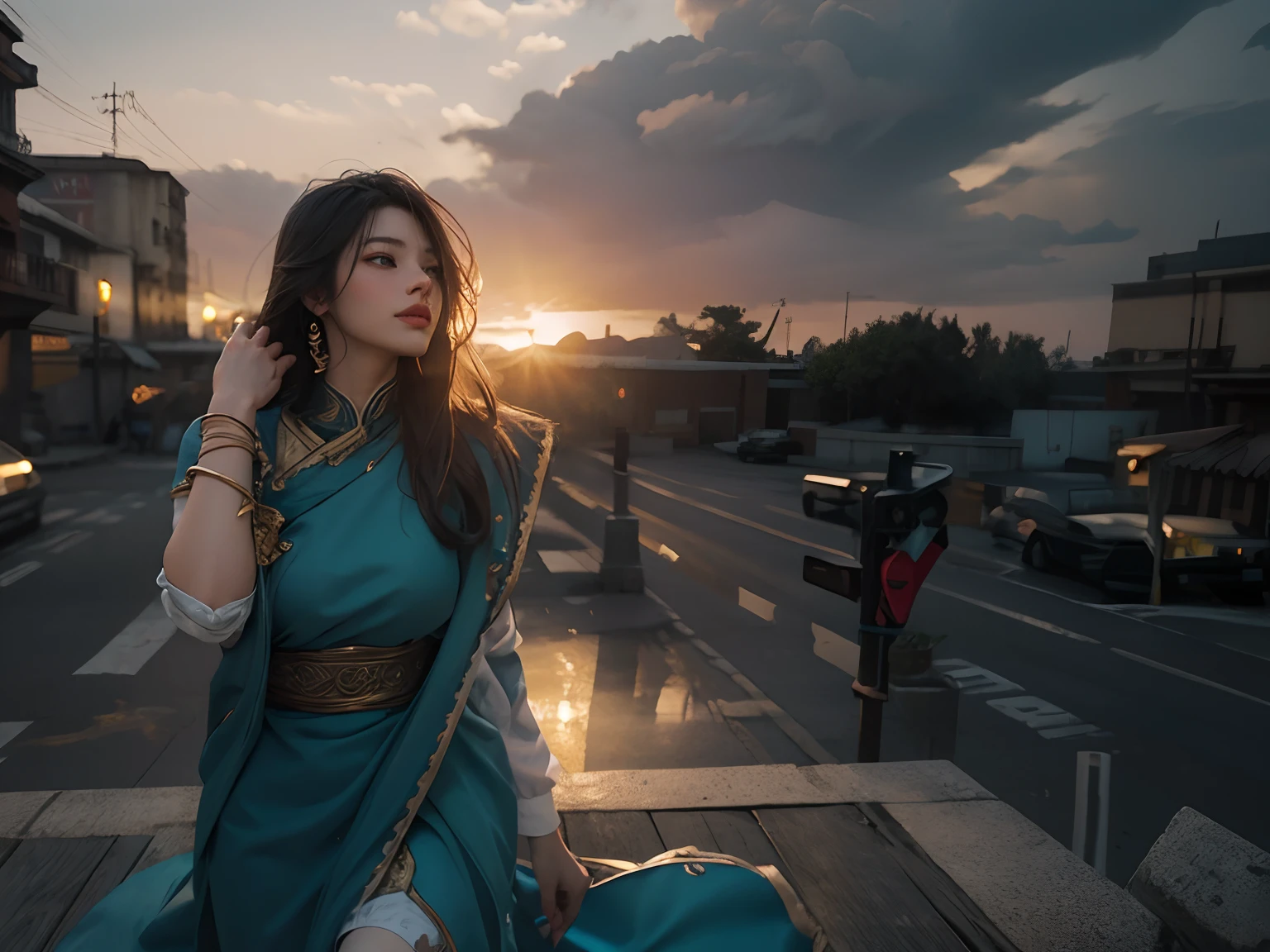 (RAW Photo, Best Quality), (Realistic, Photo Realistic: 1.3), Best Quality, Highly Detailed, Masterpiece, Ultra Detailed, Illustration, 1 Girl, upper_body, Dynamic Angle, World Mastery Theater, messy_long_hair, Best Quality, Extremely Detailed CG Uniform 8k Wallpaper, Ink, Amazing, Cinematic Lighting, lens_flare, dunhuang_style, Tea Break French Princess Puffy Dress