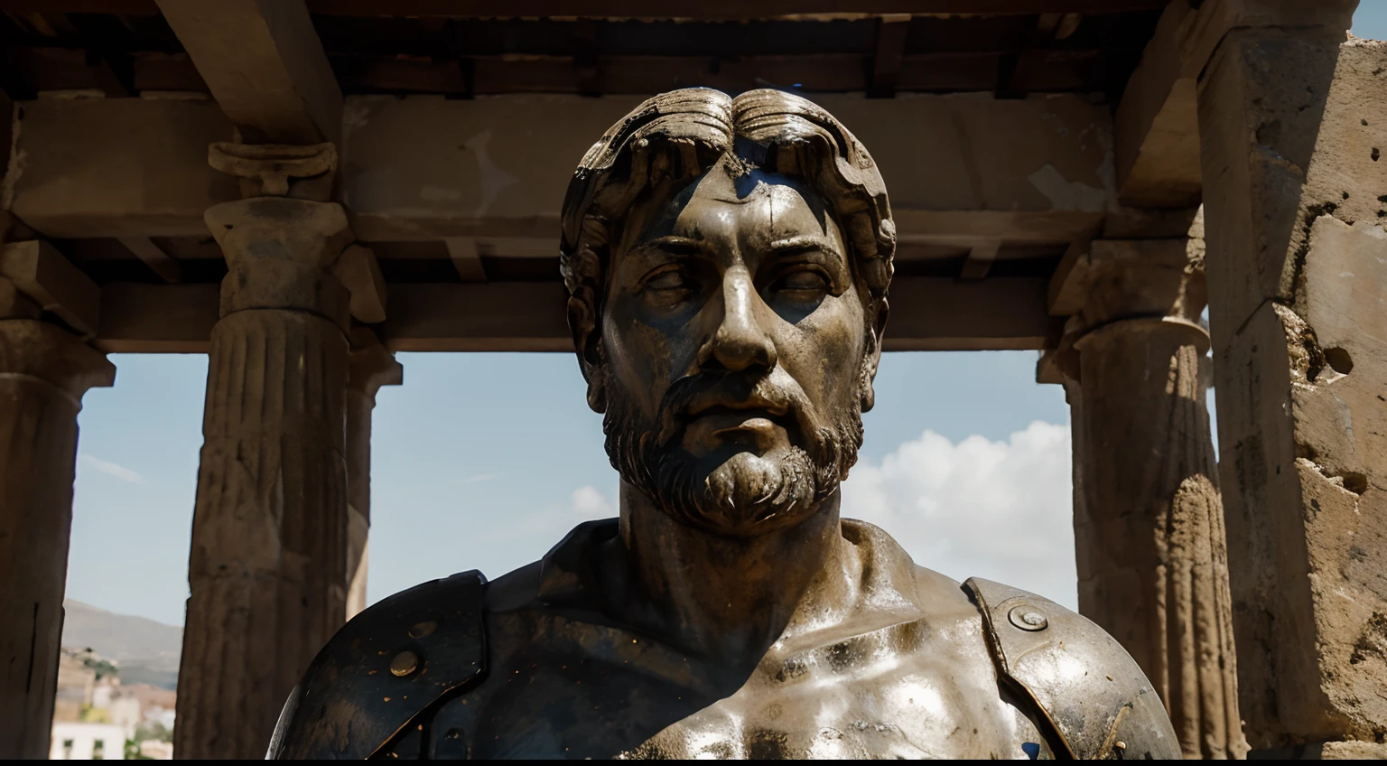 Ancient Stoic Statue With Very Angry Expression, tem barba, muitos detalhes em ambos os olhos, Outside, fundo atenas grego, open sky, com rosto extremamente detalhado full body view, Colors with low saturation with dark tone, Filmado em Sony A7S III com Sony FE 35mm f/1.8, 12.1 MP, --AR 3:2 --estilo cru