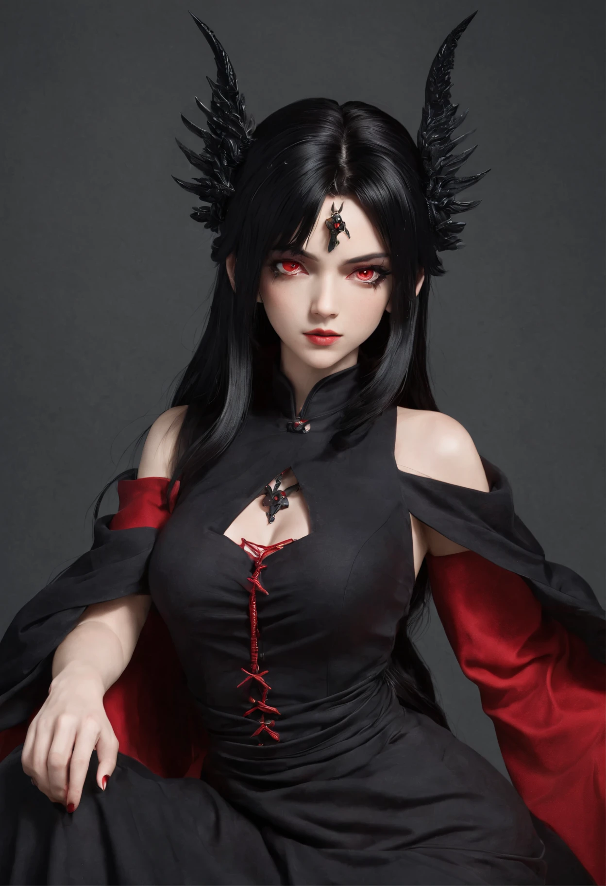Anime girl with black hair and red eyes in a black dress, black - haired mage, : 80s anime style, the goddess hera looking angry, the goddess artemis smirking, evil sorcerer, anime style character, portrait knights of zodiac girl,  supervillain sorceress witch, anime in fantasy style