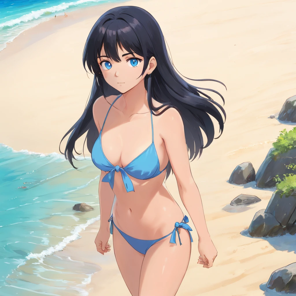 (masterpiece),(top-quality),(best quality,4k,8k,high),(Character as the main point of view),(full body) 1girl,Black hair,((long hair)),Blue eyes,Bikini ((tight),beach,water,sand.