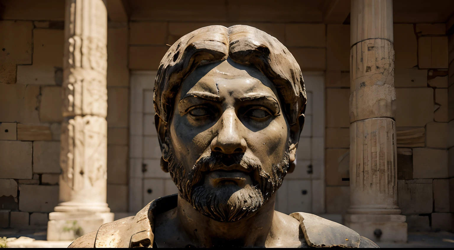 Ancient Stoic Statue With Very Angry Expression, tem barba, muitos detalhes em ambos os olhos, Outside, fundo atenas grego, open sky, com rosto extremamente detalhado full body view, Colors with low saturation with dark tone, Filmado em Sony A7S III com Sony FE 35mm f/1.8, 12.1 MP, --AR 3:2 --estilo cru