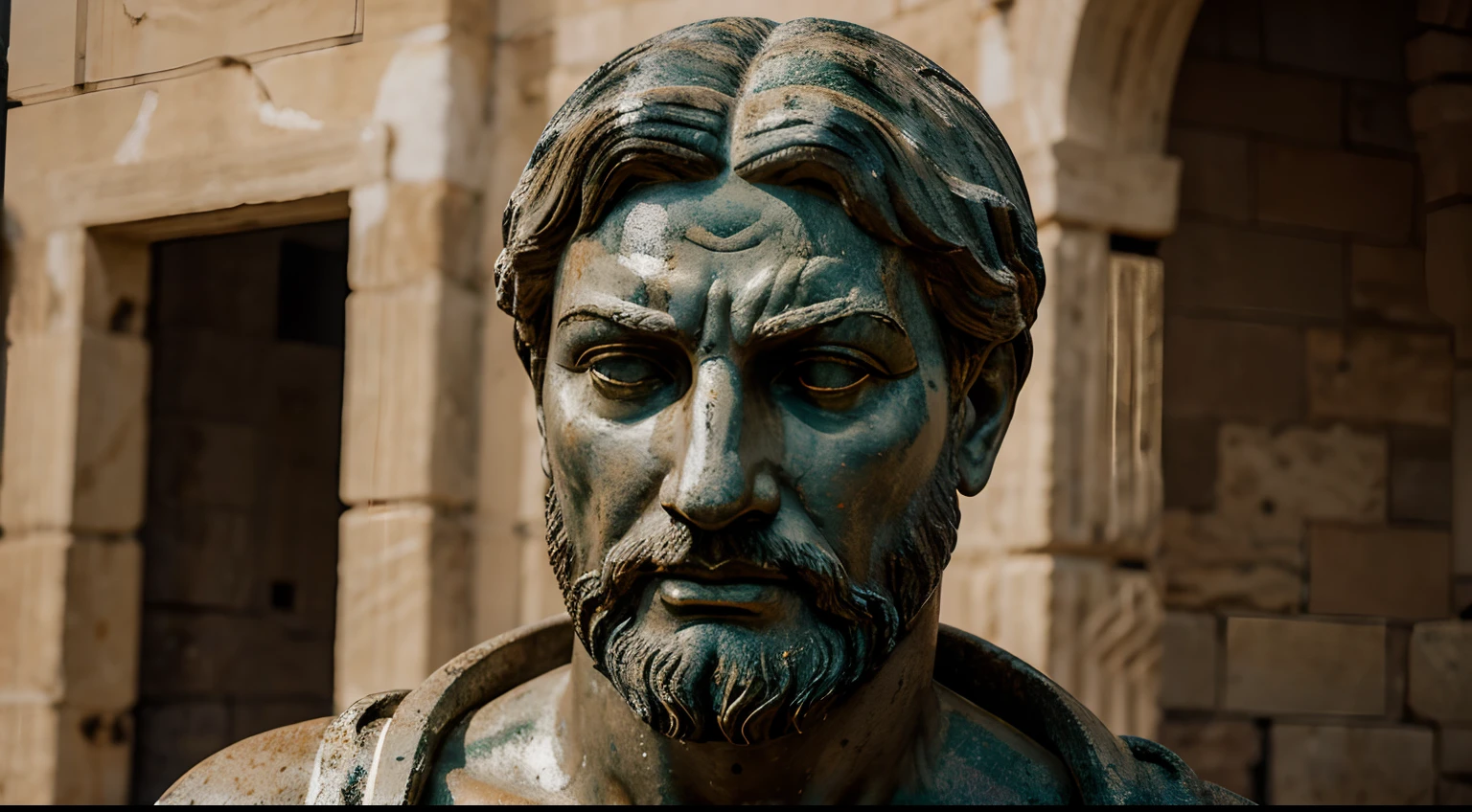 Ancient Stoic Statue With Very Angry Expression, tem barba, muitos detalhes em ambos os olhos, Outside, fundo atenas grego, open sky, com rosto extremamente detalhado full body view, Colors with low saturation with dark tone, Filmado em Sony A7S III com Sony FE 35mm f/1.8, 12.1 MP, --AR 3:2 --estilo cru