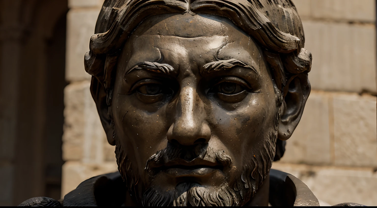 Ancient Stoic Statue With Very Angry Expression, tem barba, muitos detalhes em ambos os olhos, Outside, fundo atenas grego, open sky, com rosto extremamente detalhado full body view, Colors with low saturation with dark tone, Filmado em Sony A7S III com Sony FE 35mm f/1.8, 12.1 MP, --AR 3:2 --estilo cru
