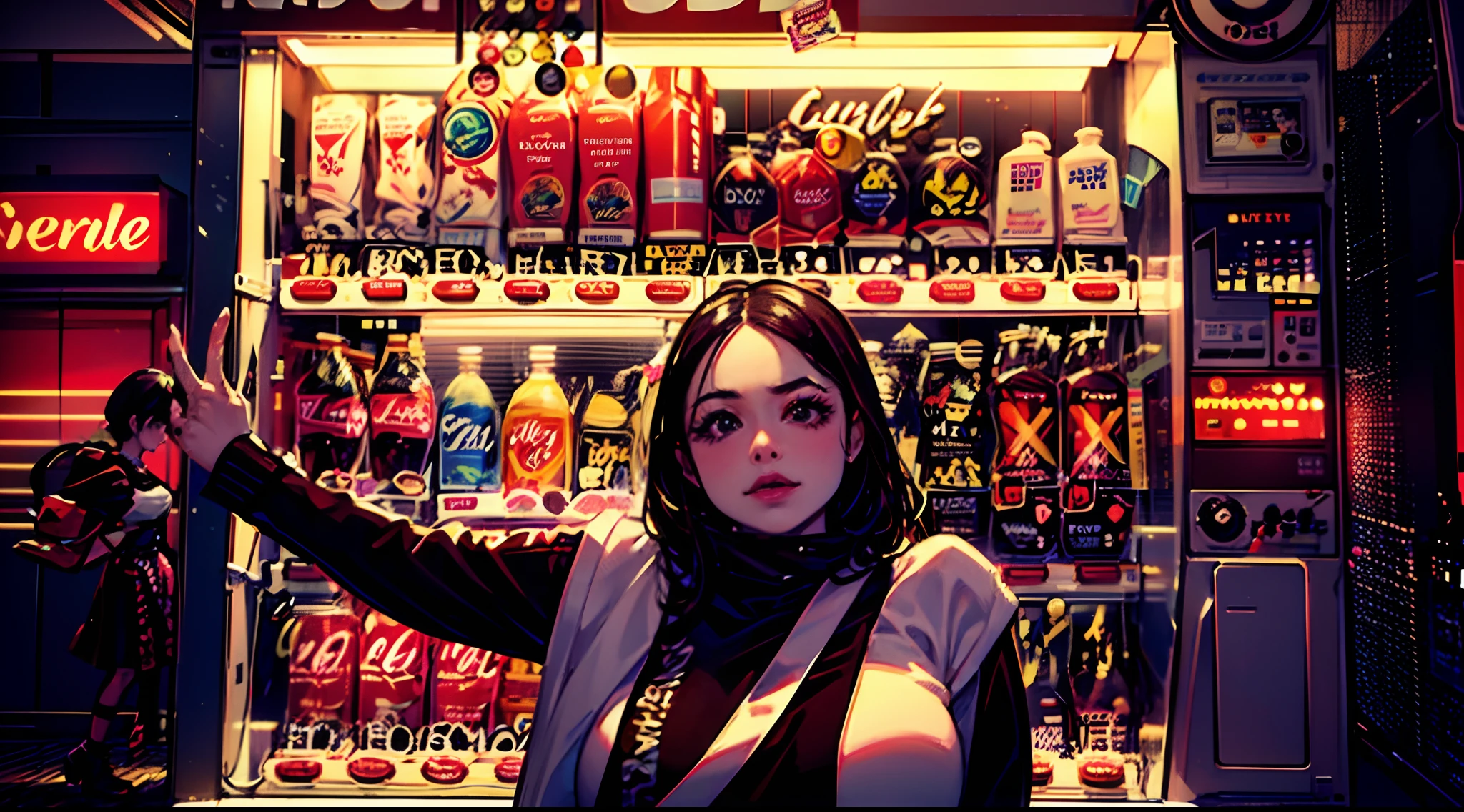 araffe vending machine with a seductive woman standing in front of it, lofi girl, stood in a supermarket, in a mall, super vibrant cyberpunk, lofi girl aesthetic, convenience store, soda themed girl, smooth in _ the background, semi-realism, at a mall, (((low light))), nsfw