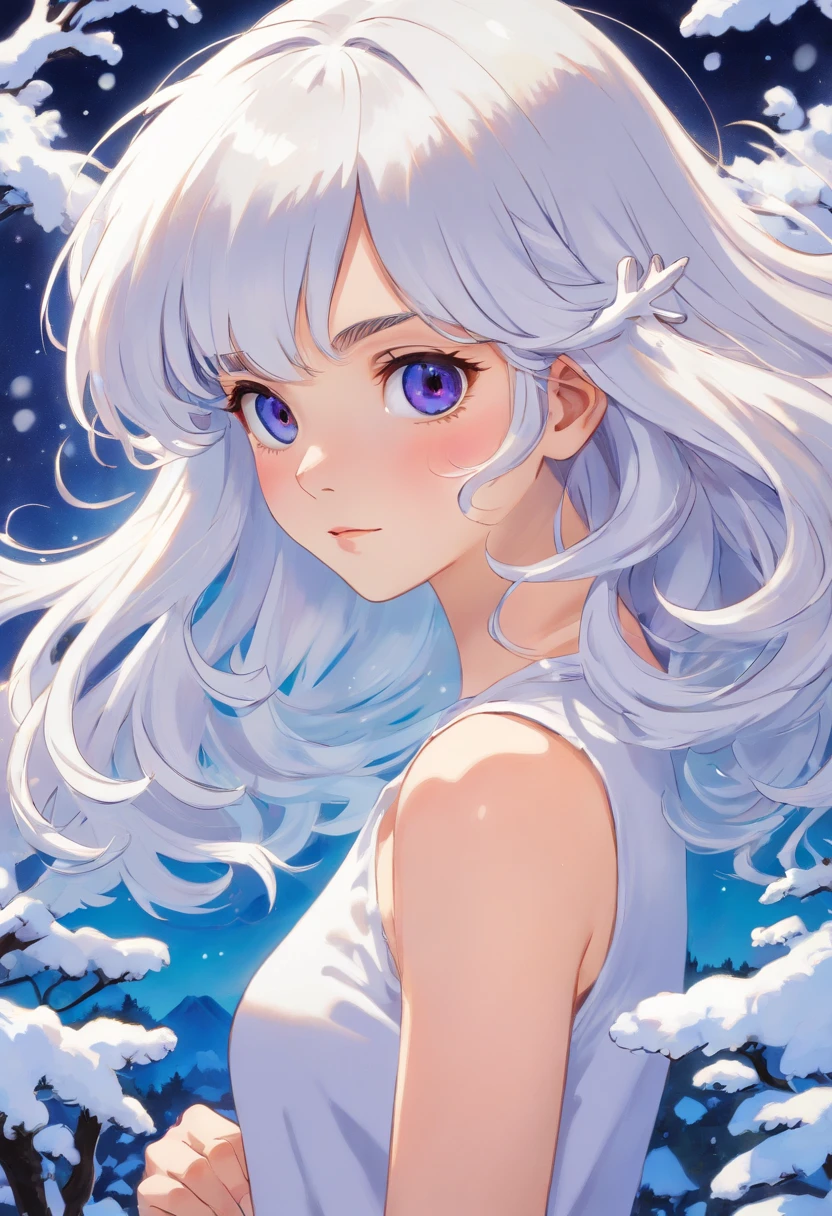 A girl, snow-white hair, Shiny Locks, bangs between the eyes, matted hair, curls, Huge bangs, Mego Long Bangs, Skinny, nice ass, Black Eyes, white tshirt