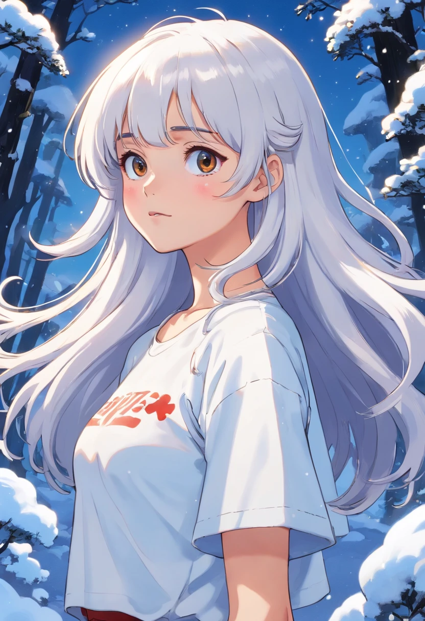A  girl, snow-white hair, Shiny Locks, bangs between the eyes, matted hair, curls, Huge bangs, Mego Long Bangs, Skinny, nice ass, Black Eyes, white tshirt