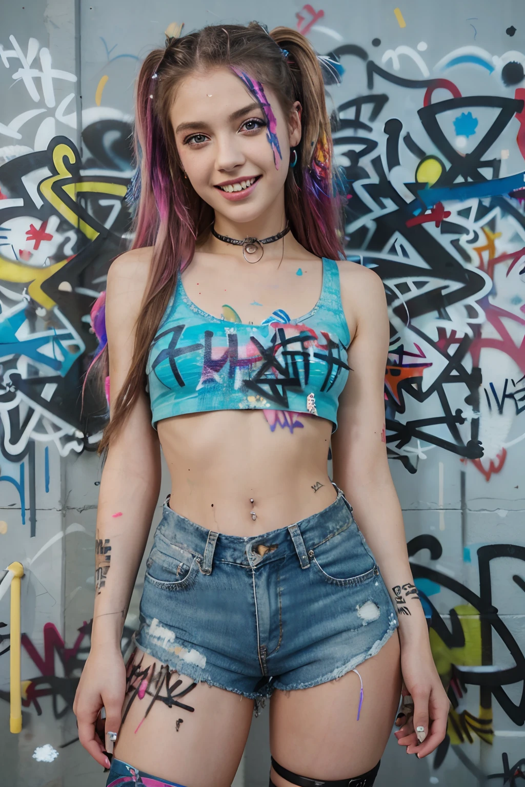 purpleとyellowで構成された絵画最高品質, High resolution,(A frame made of chains and ruins),pretty girl、Small eyes、(Flat Chest), ((Odd colored hair,green,purple,yellow)), beautiful、、Tattered denim pants、Tattered black tank top、Circus、Collar with a large chain、Clown、Bold Pose