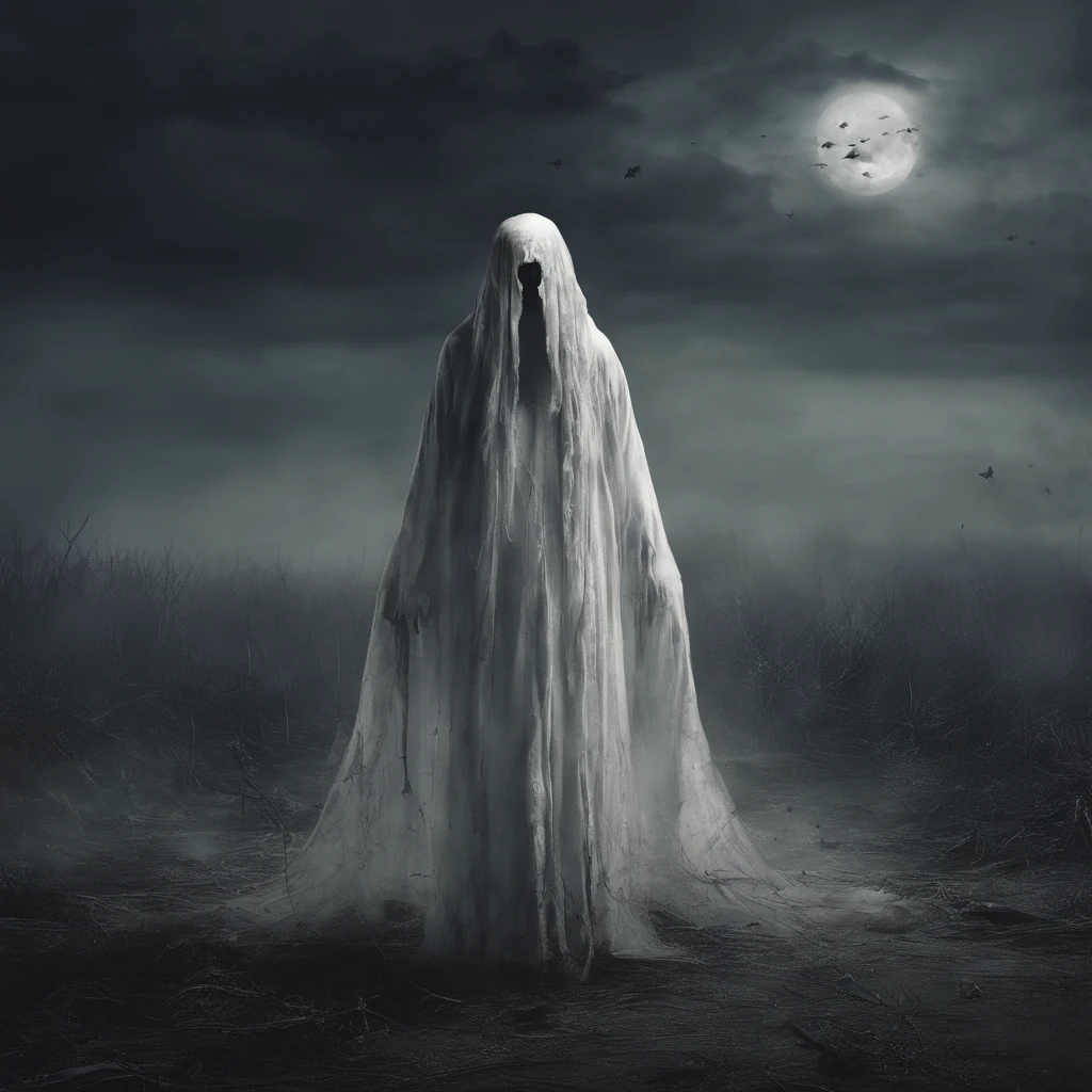 the female kuntilanak ghost grinned frighteningly, her eyes were sharp red full of revenge, her face was deathly pale, her long white shabby clothes covered her entire legs, her very long hair was messy, she didn't touch the ground, she flew 2 meters above the burial ground.