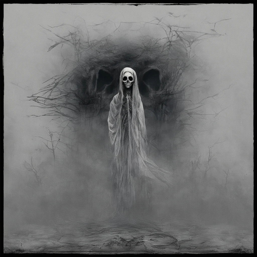 the female kuntilanak ghost grinned frighteningly, her eyes were sharp red full of revenge, her face was deathly pale, her long white shabby clothes covered her entire legs, her very long hair was messy, she didn't touch the ground, she flew 2 meters above the burial ground.