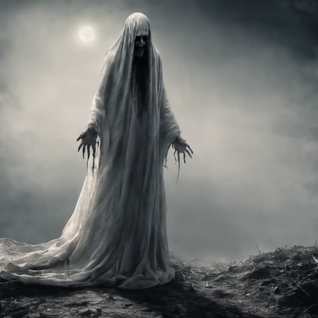 the female kuntilanak ghost grinned frighteningly, her eyes were sharp red full of revenge, her face was deathly pale, her long white shabby clothes covered her entire legs, her very long hair was messy, she didn't touch the ground, she flew 2 meters above the burial ground.