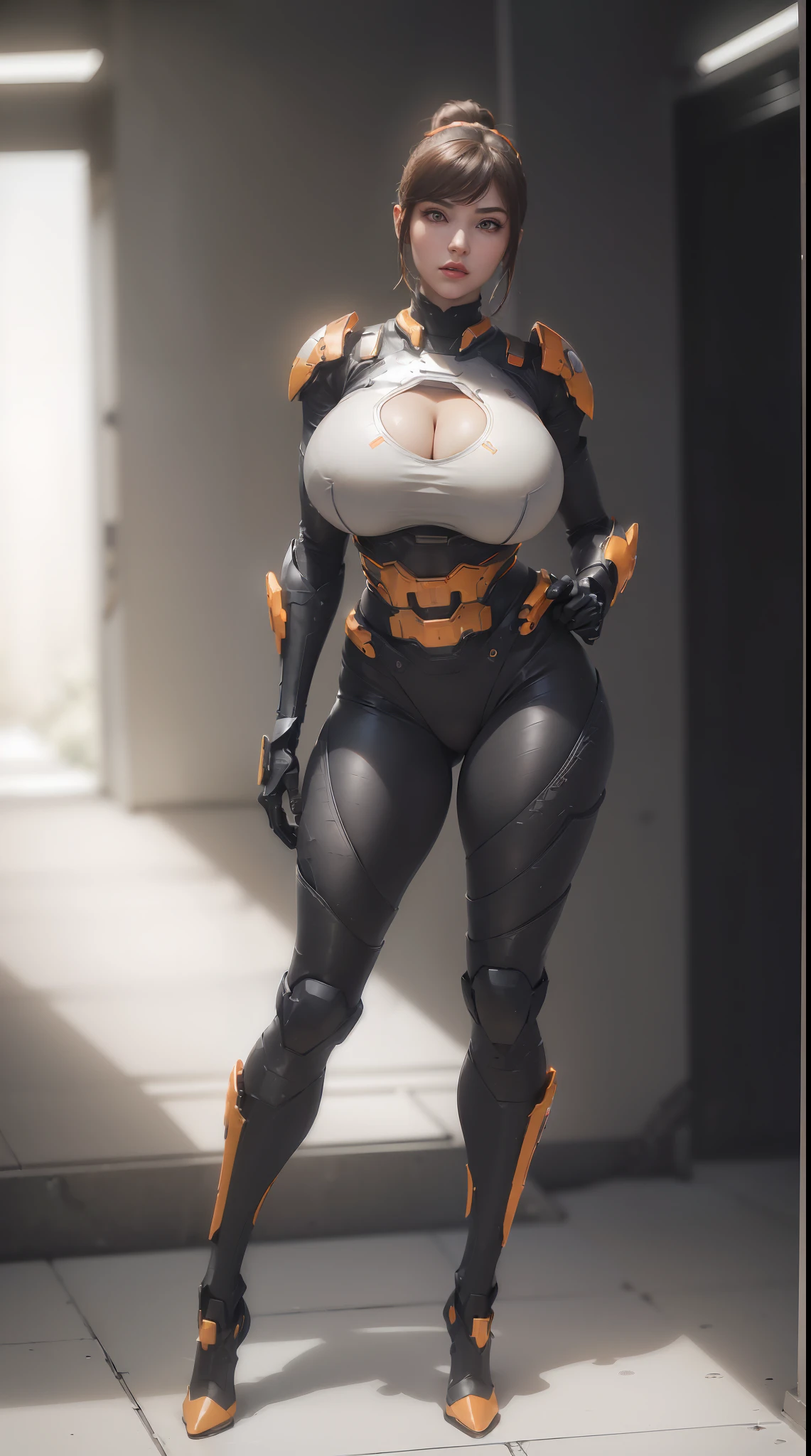 (1GIRL,SOLO:2), (super detailed face), ((BIG BUTTOCKS, HUGE FAKE BREASTS:1.5)), (CLEAVAGE TOP:1.5), (11 LINE ABS FEMALE:1.4), (MECHA GUARD ARM:1.4), ((WEAR BLACK ORANGE MECHA OVERWATCH ARMOR SUIT CROP TOP, BLACK MECHA TIGHT SUIT PANTS, MECHA GUARD ARMOR LEGS, HIGH HEELS:1.5)), (LEWD VOLUPTUOUS BODY:1.3), (GLOWING SKIN:0.8), (LONG LEGS, FULL BODY:1.1), (LOOKING AT VIEWER:1.3), (female focus:0.886), (WALKING DOWN HALLWAY OF FUTURISTIC SPACE STATION:1), (BRIGHT LIGHT WHITEROOM:1.3), SUPER TEXTURE, UNREAL ENGINE RENDER, PHYSICALLY-BASED RENDERING, ULTRA HIGHT DEFINITION, 16K, 1080P.